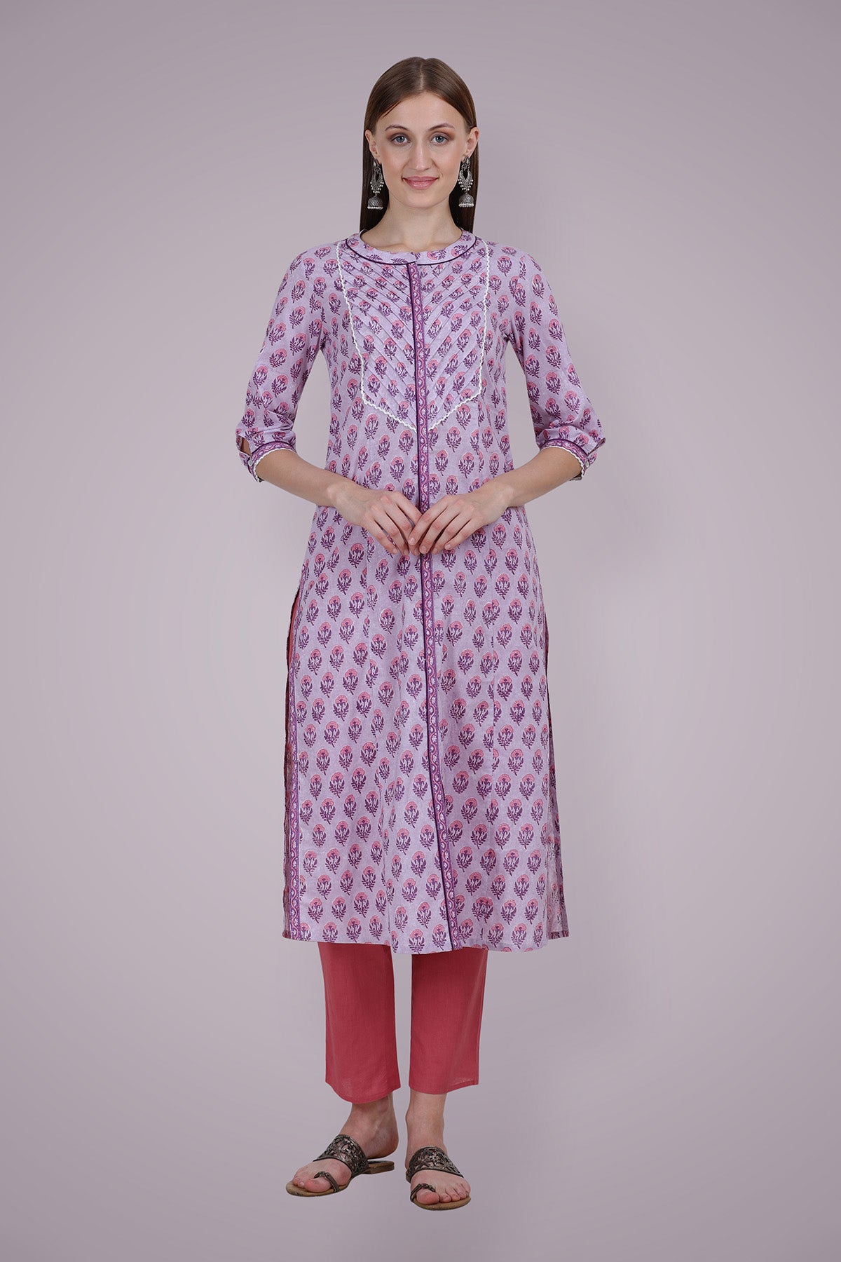 Lavender Buta Handblock Lace Kurta