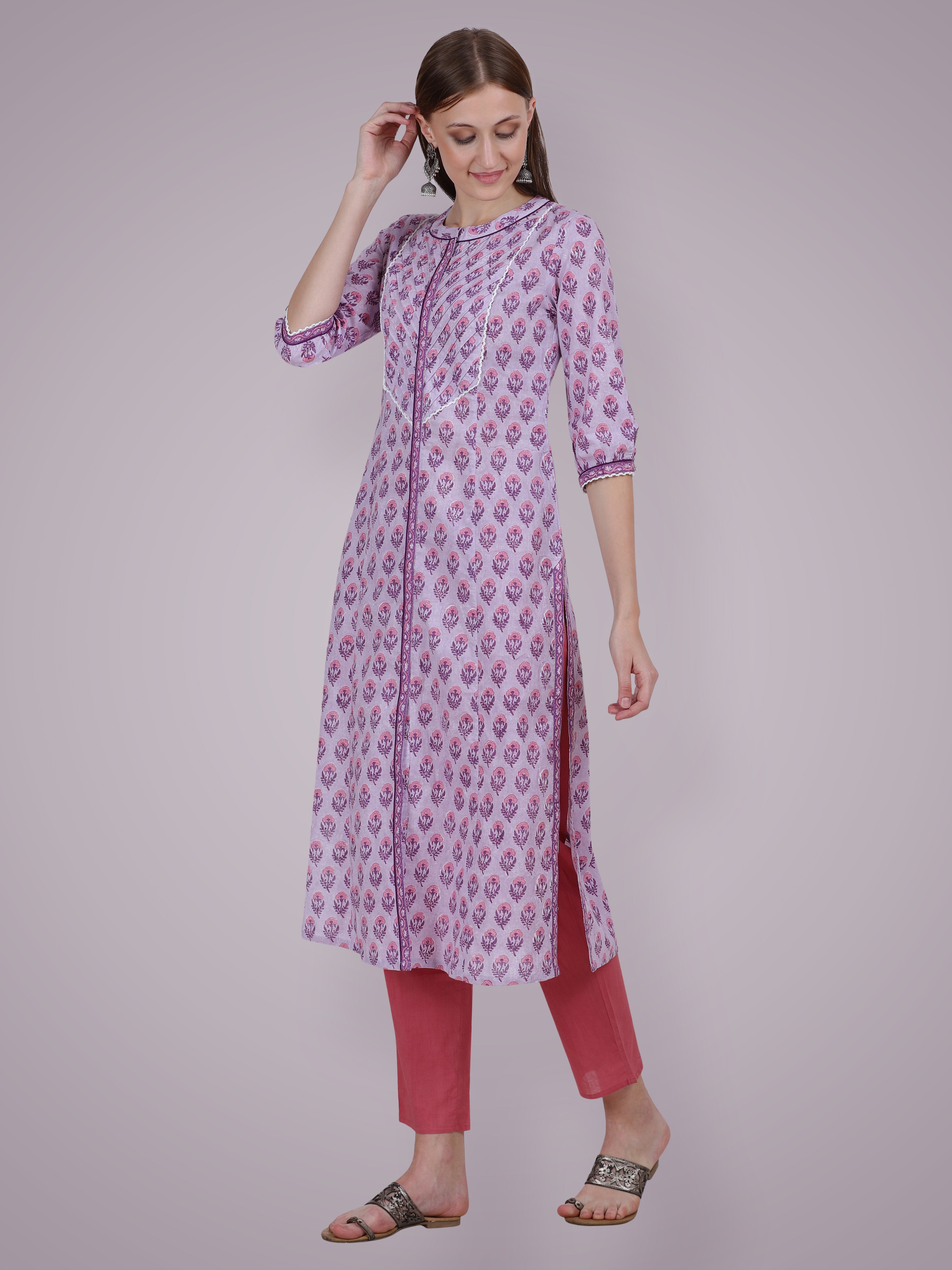 Lavender Buta Handblock Lace Kurta