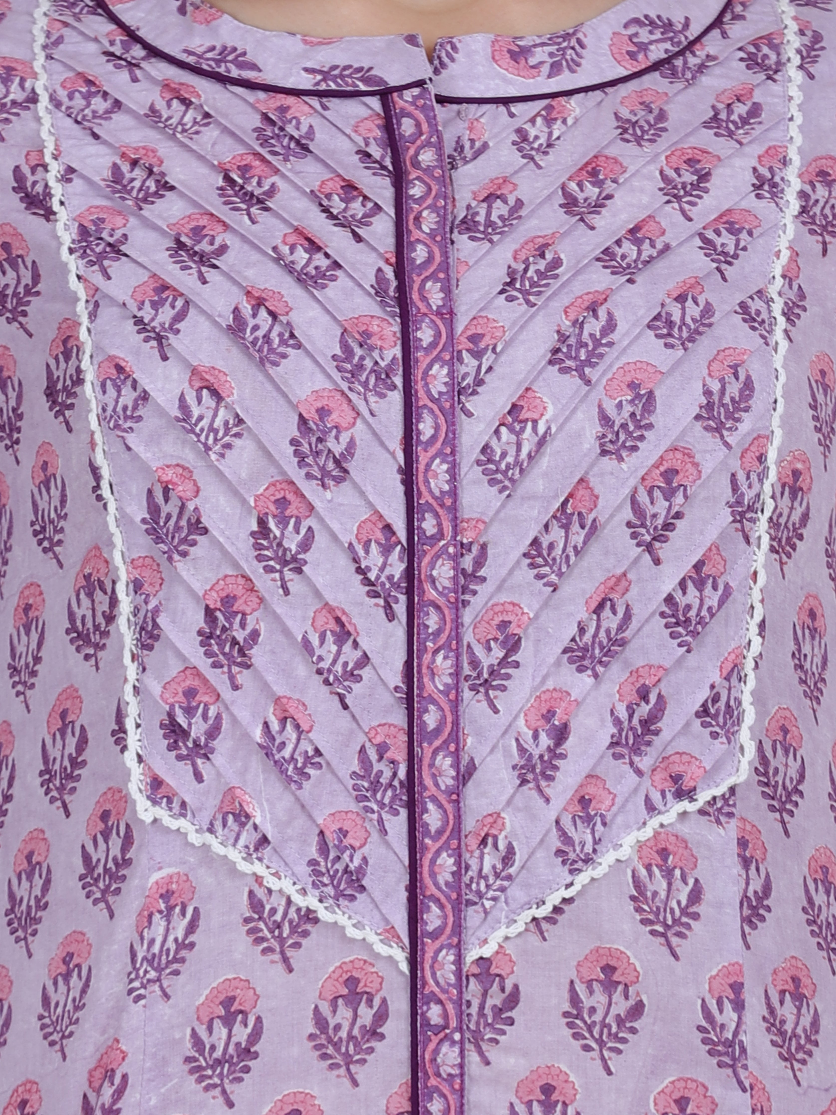 Lavender Buta Handblock Lace Kurta