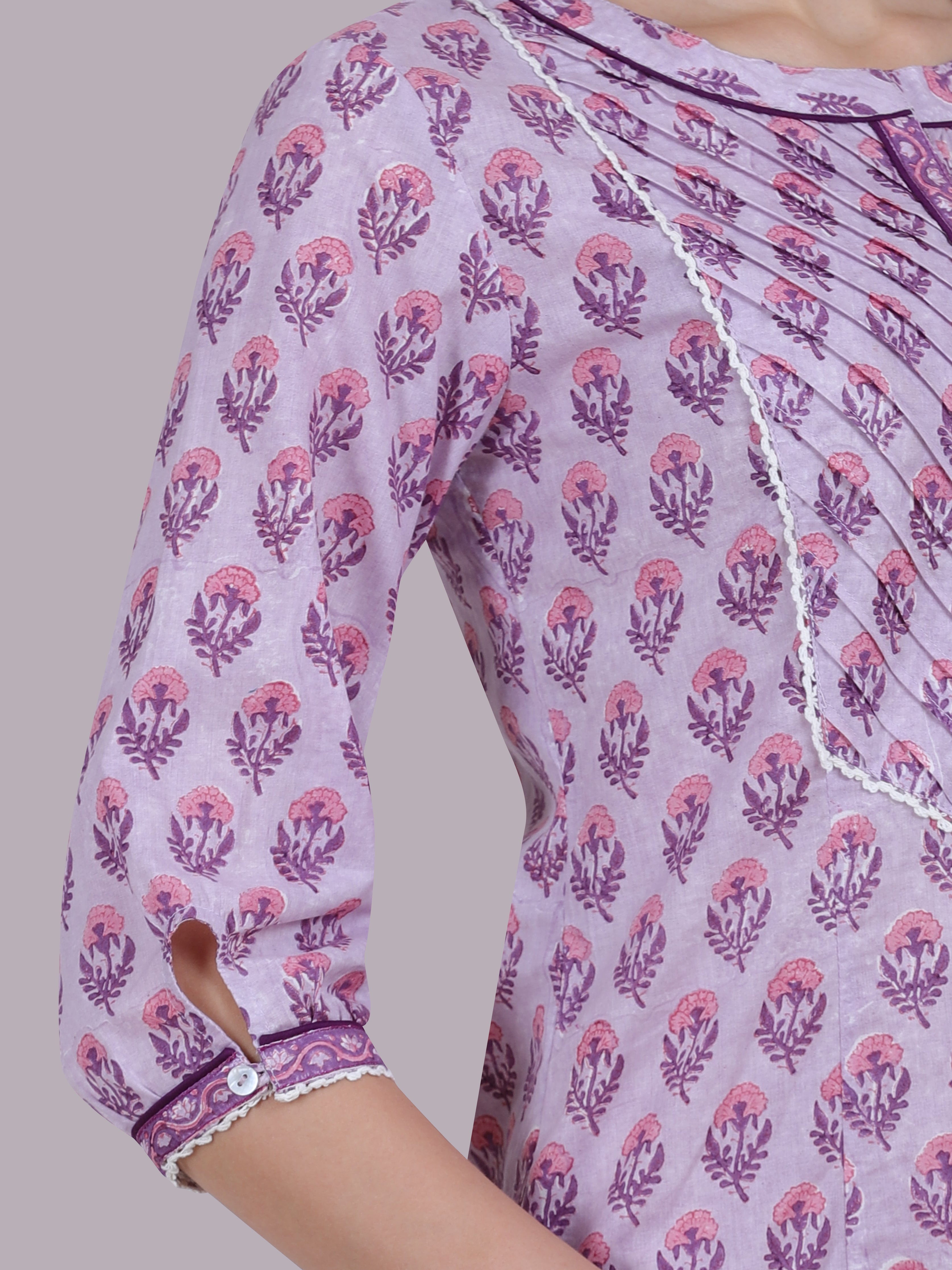Lavender Buta Handblock Lace Kurta
