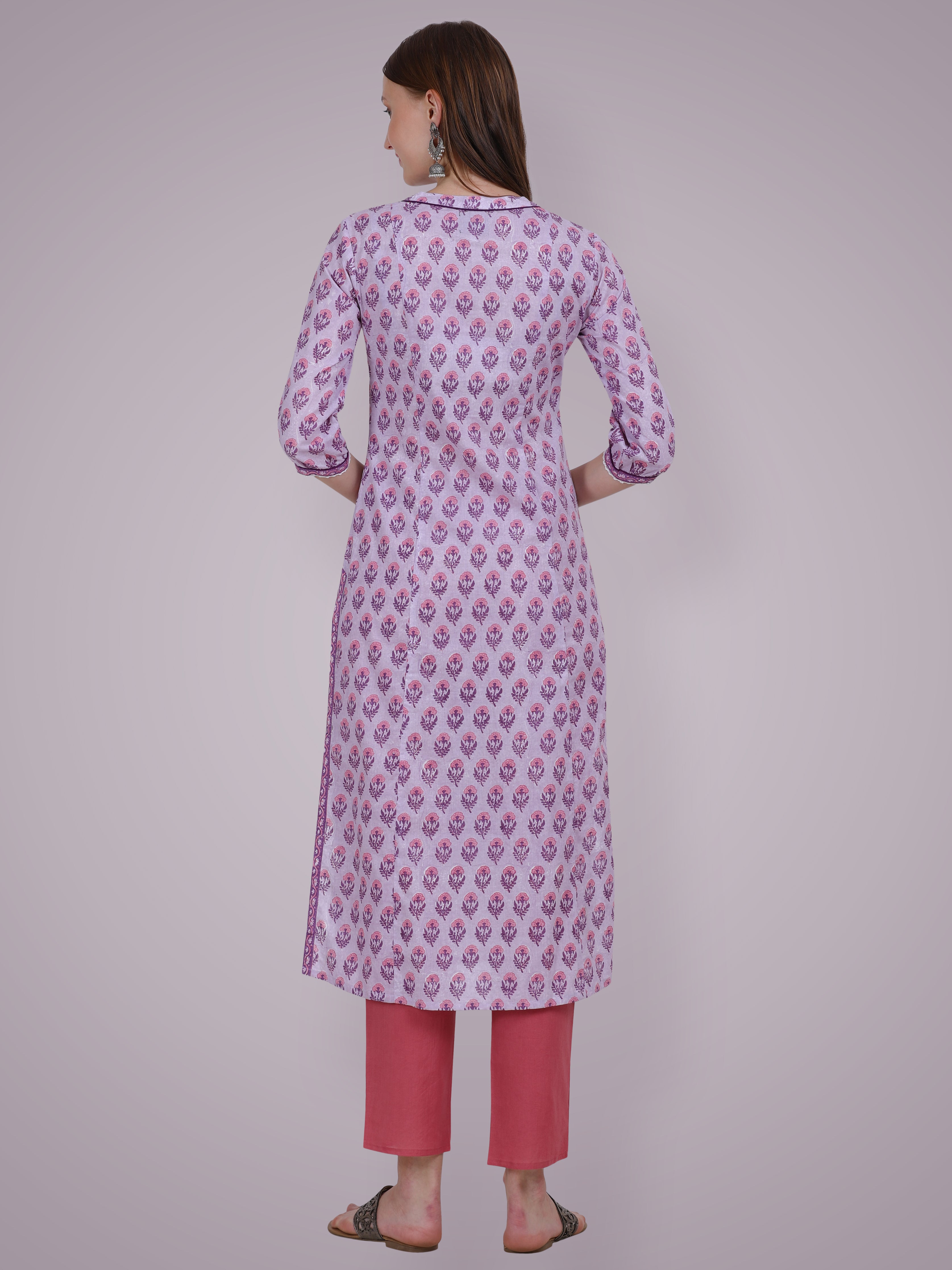 Lavender Buta Handblock Lace Kurta