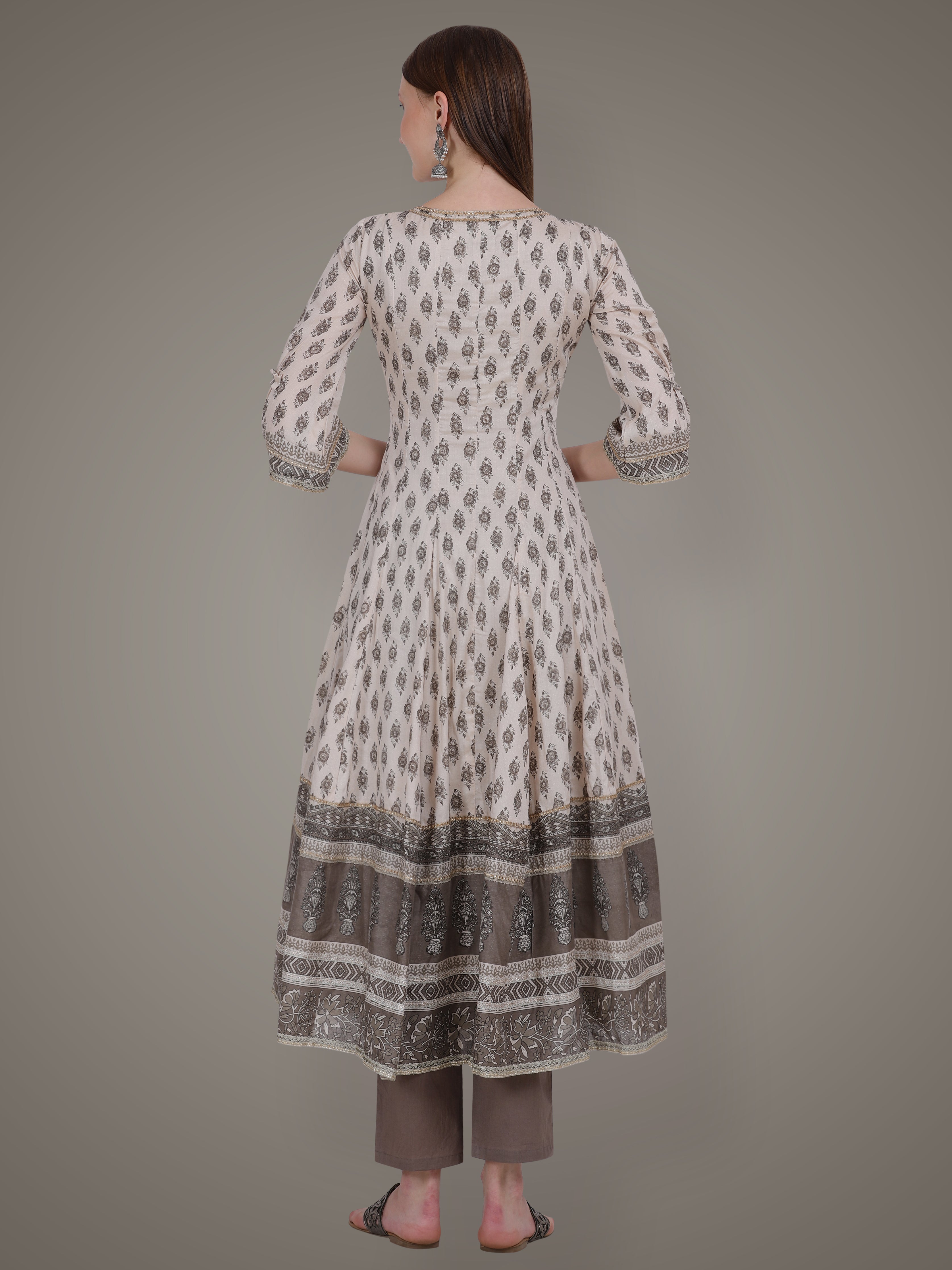 Beige Brown Block Printed Anarkali Suit Set