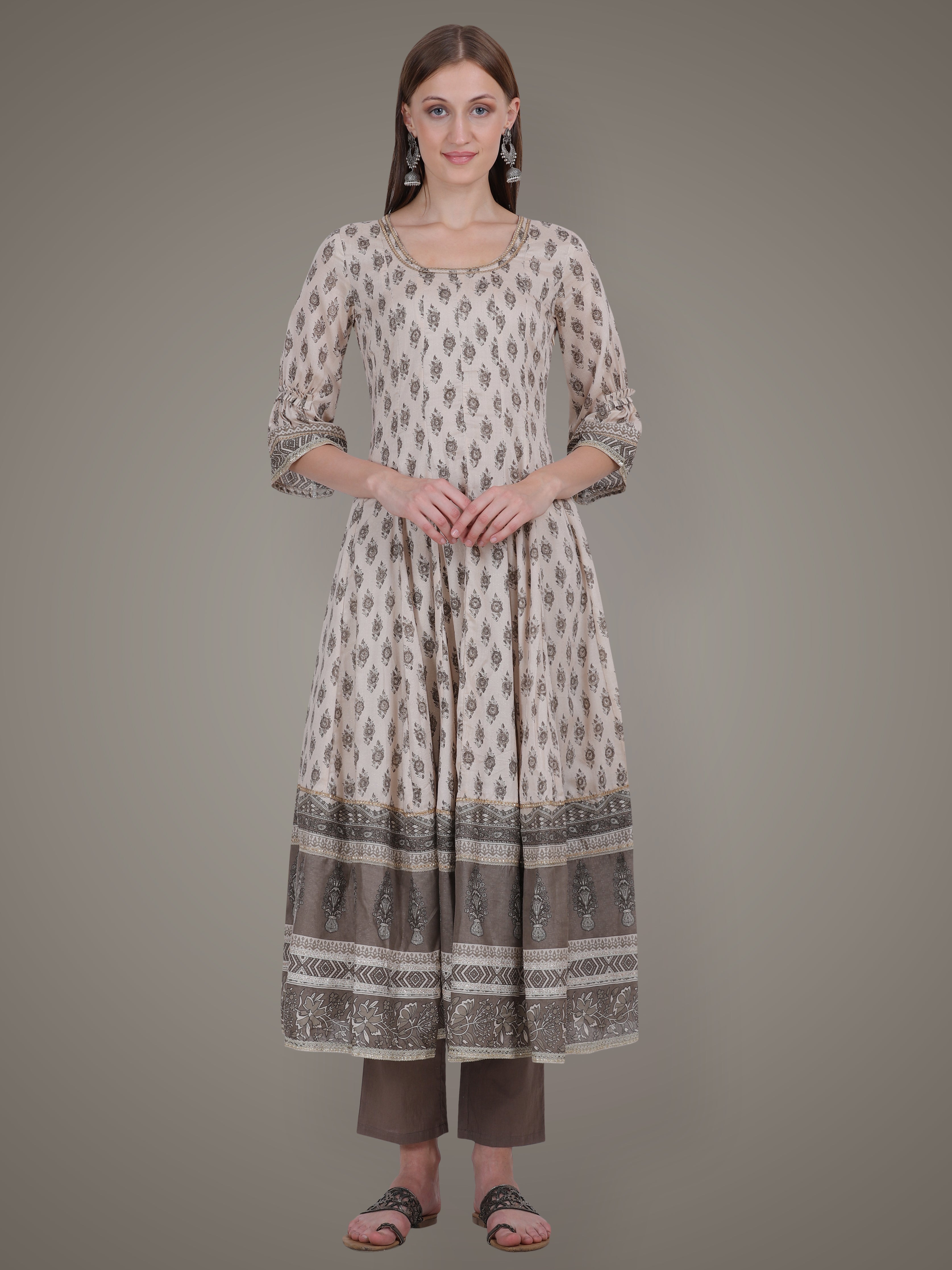 Beige Brown Block Printed Anarkali Suit Set