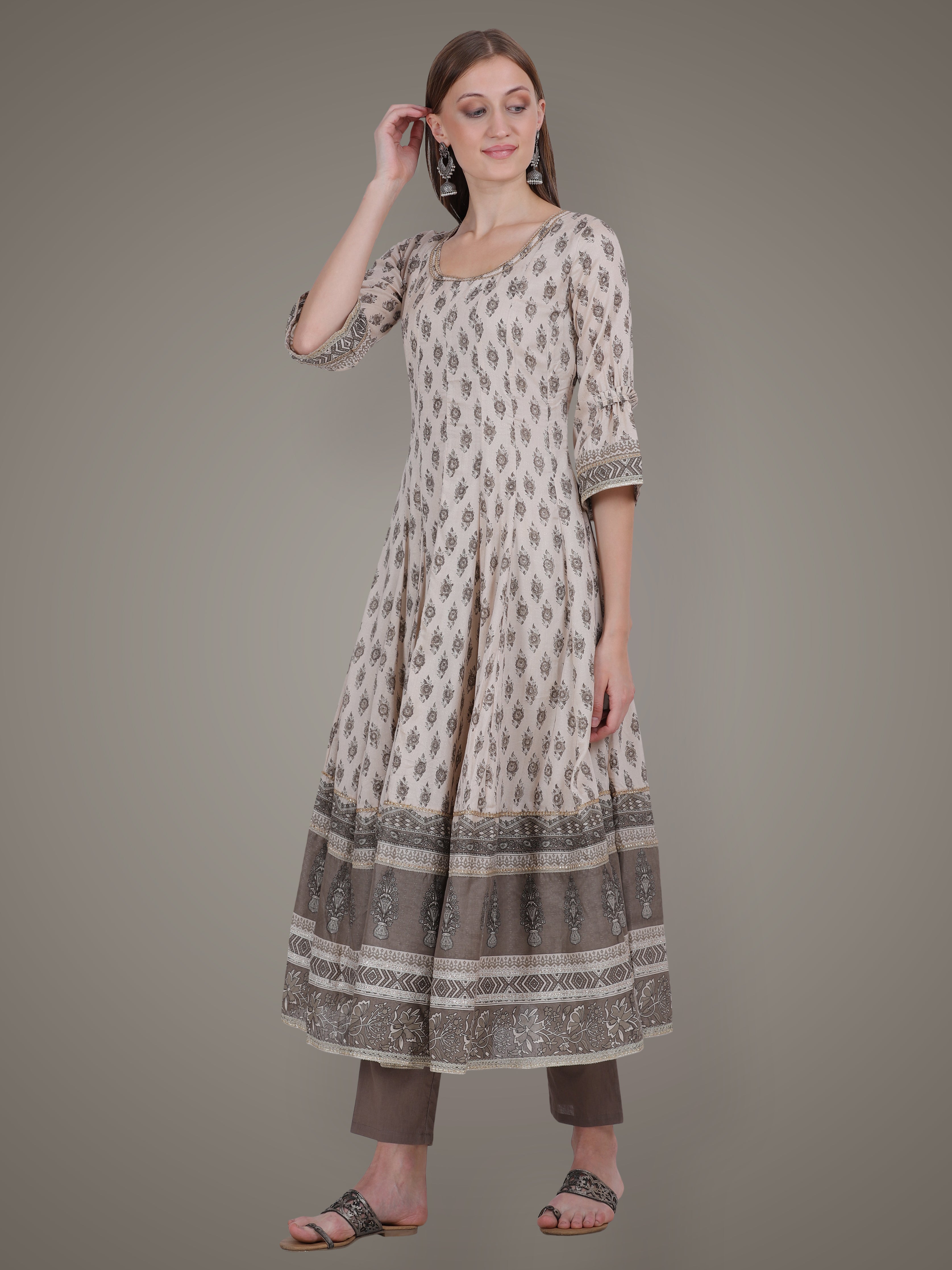 Beige Brown Block Printed Anarkali Suit Set