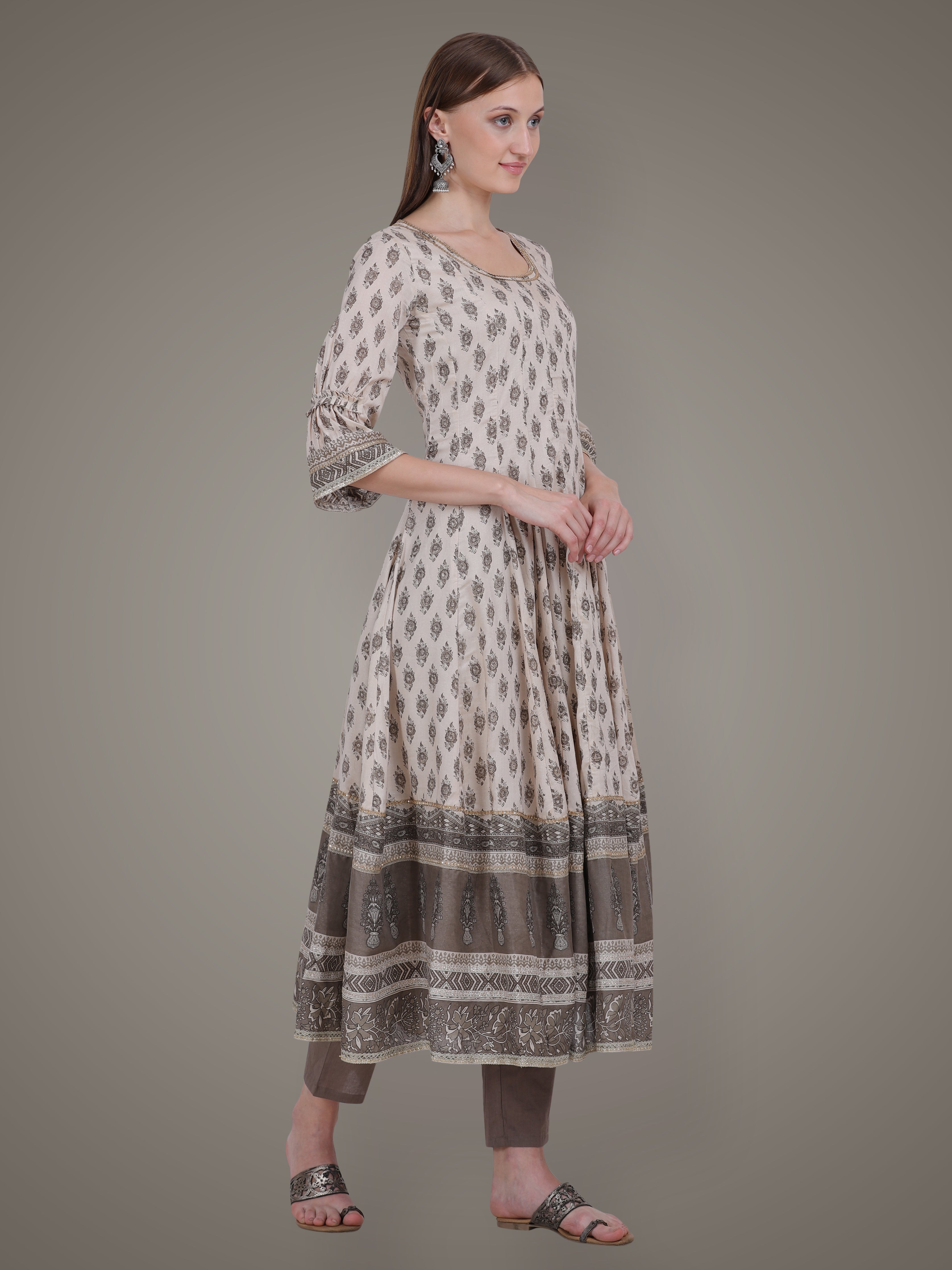 Beige Brown Block Printed Anarkali Suit Set