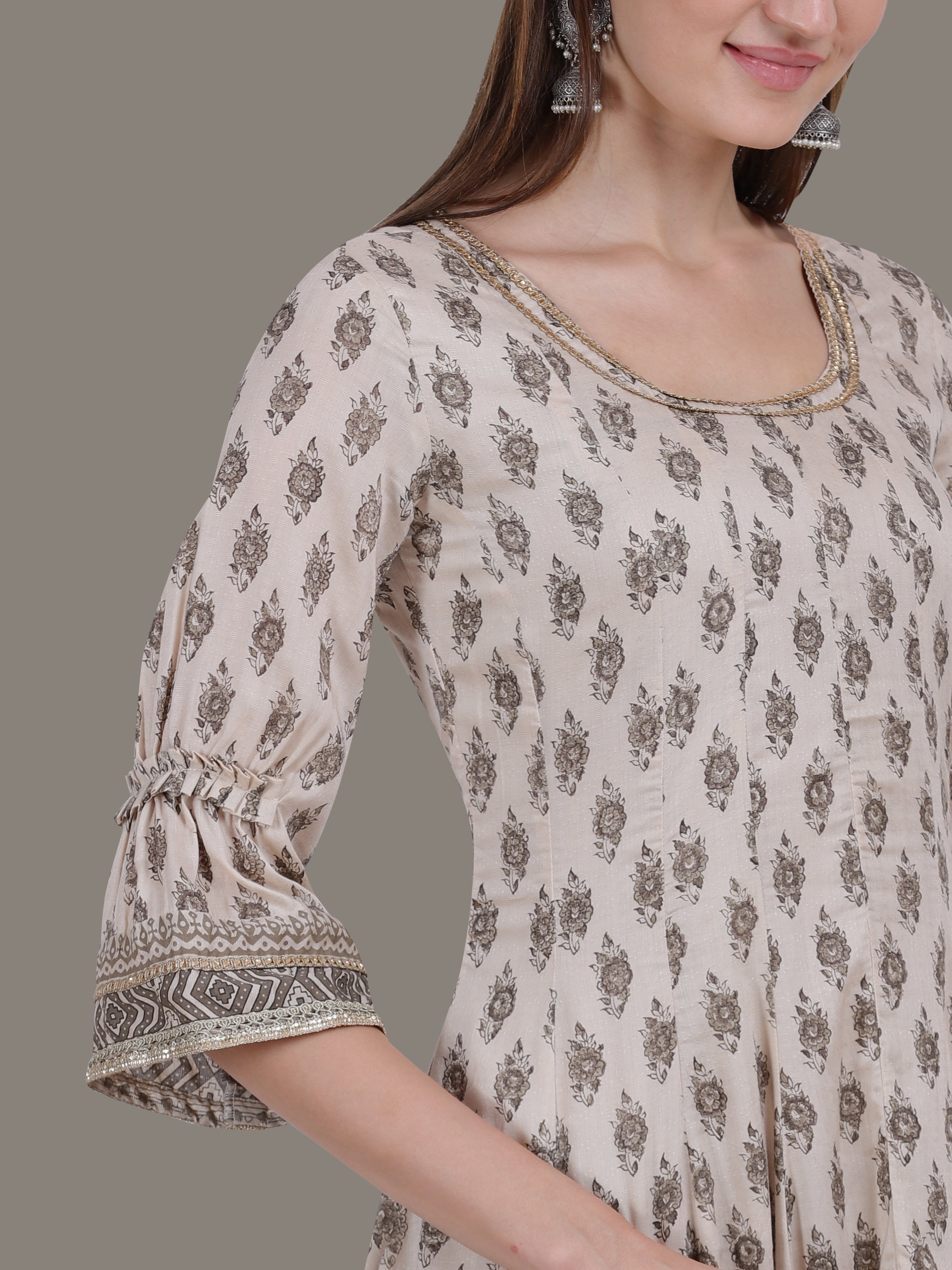 Beige Brown Block Printed Anarkali Suit Set