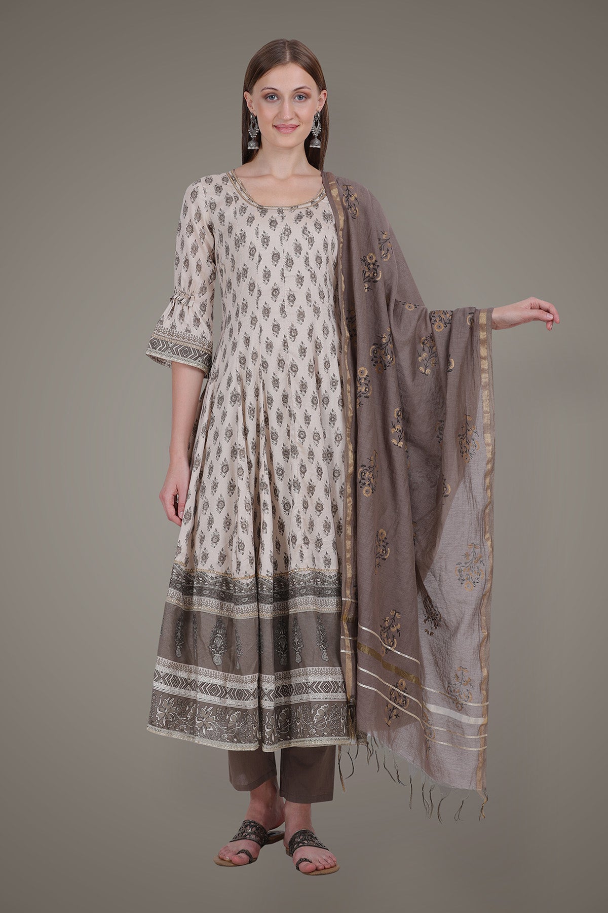 Beige Brown Block Printed Anarkali Suit Set