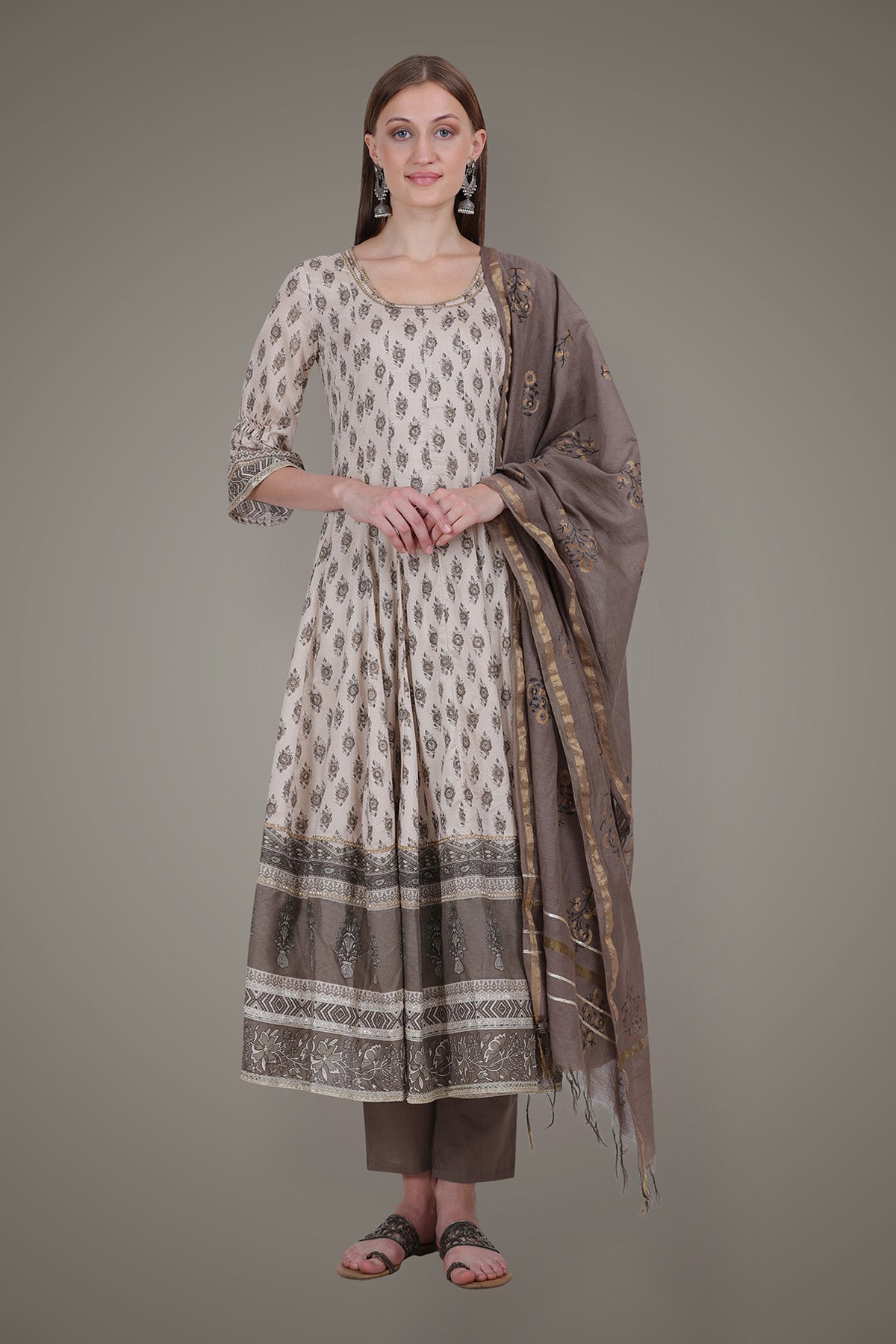 Beige Brown Block Printed Anarkali Suit Set