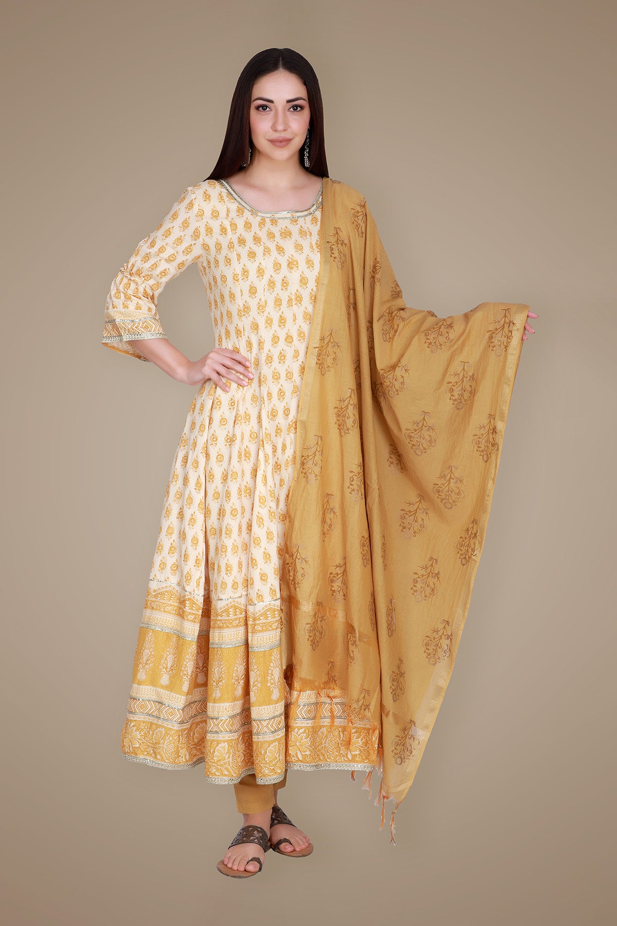 Mustard Hand Block Printed Anarkali Suit Set