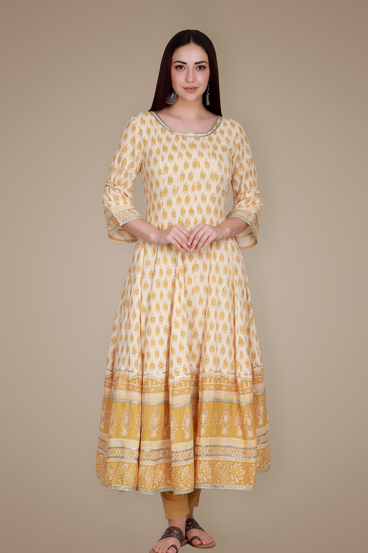 Mustard Hand Block Printed Anarkali Suit Set
