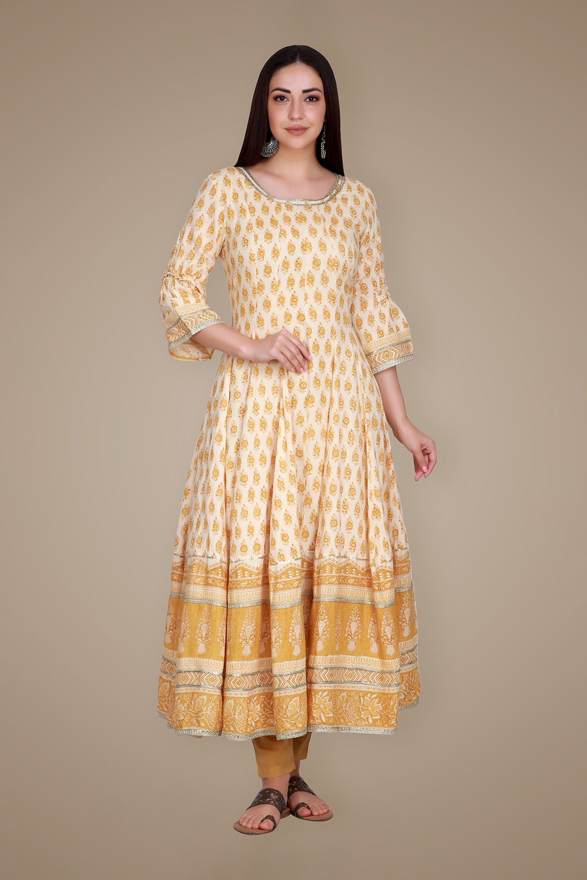 Mustard Hand Block Printed Anarkali Suit Set