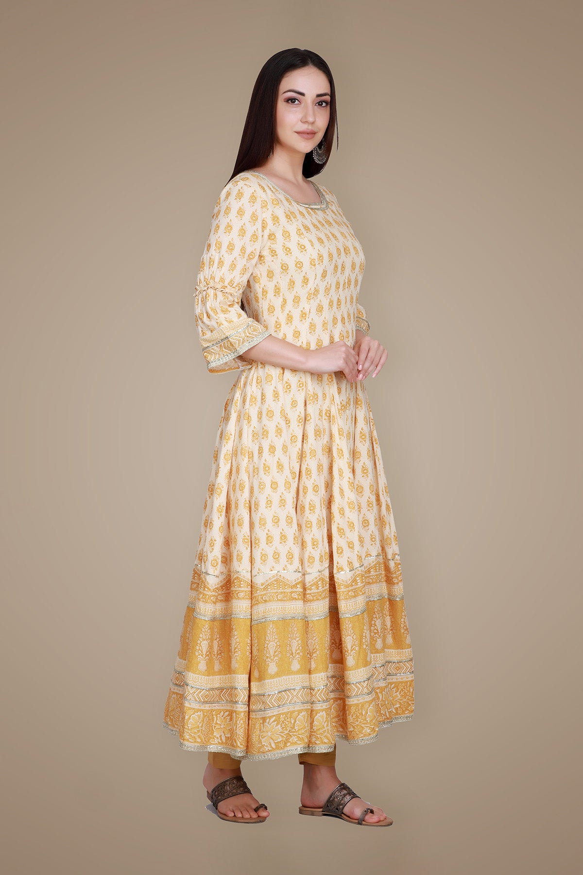 Mustard Hand Block Printed Anarkali Suit Set