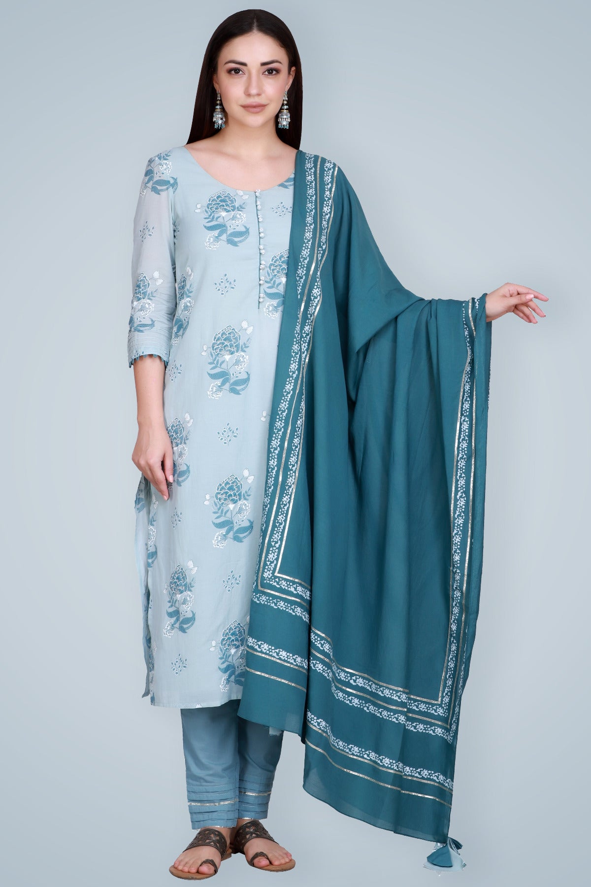 Teal Block Printed & Embroidered Silk Suit Set