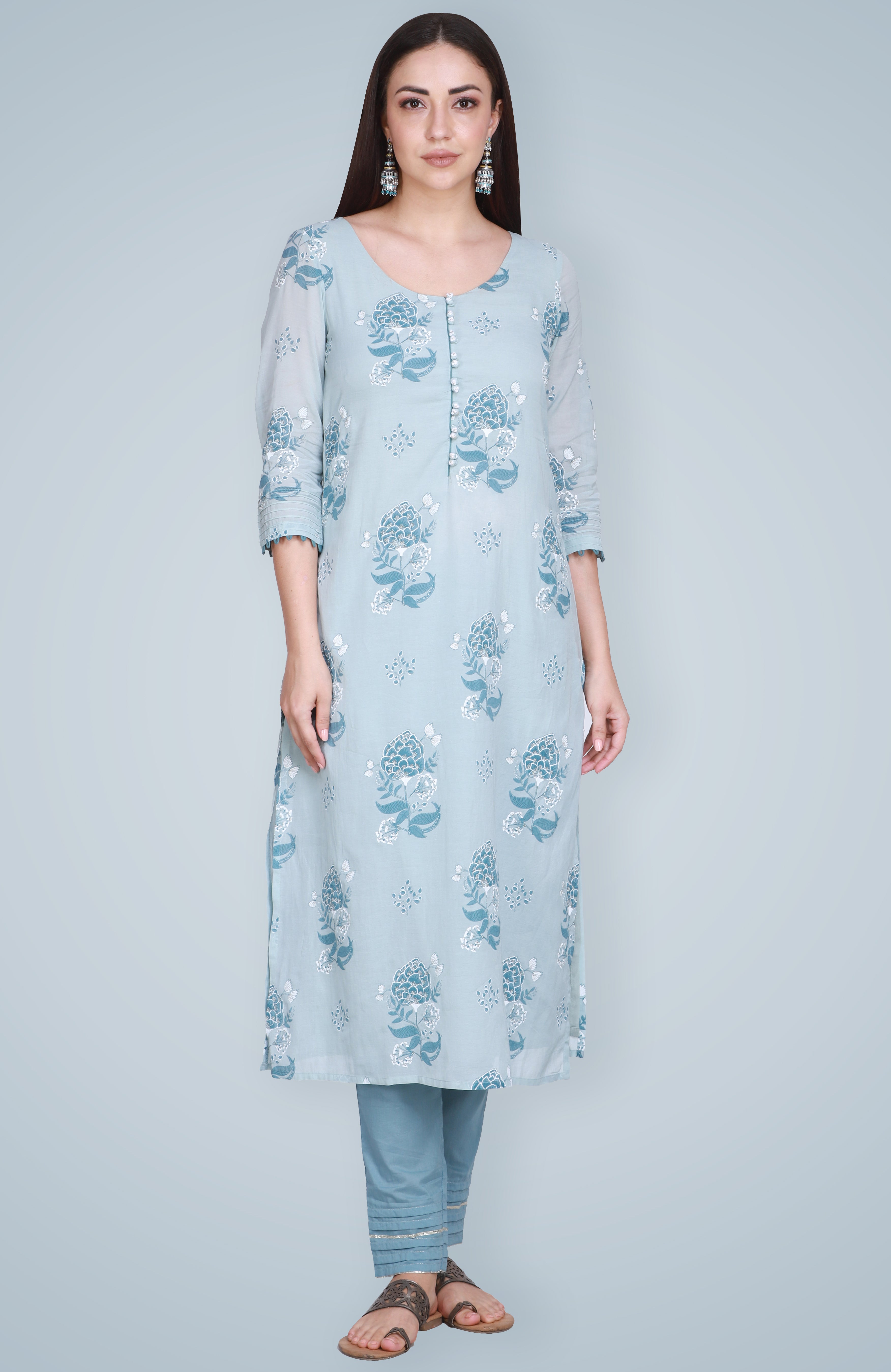 Teal Block Printed & Embroidered Silk Suit Set