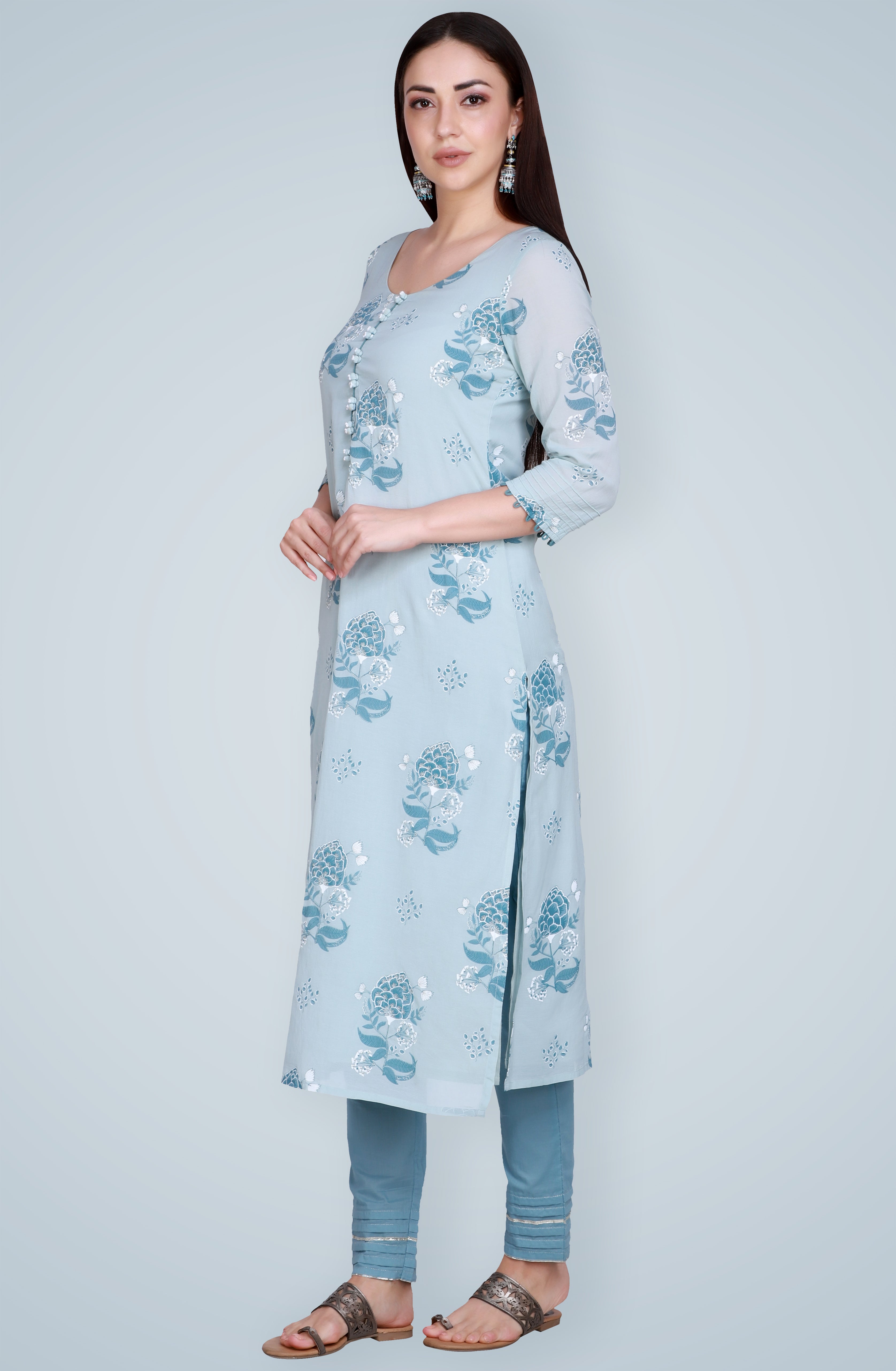 Teal Block Printed & Embroidered Silk Suit Set