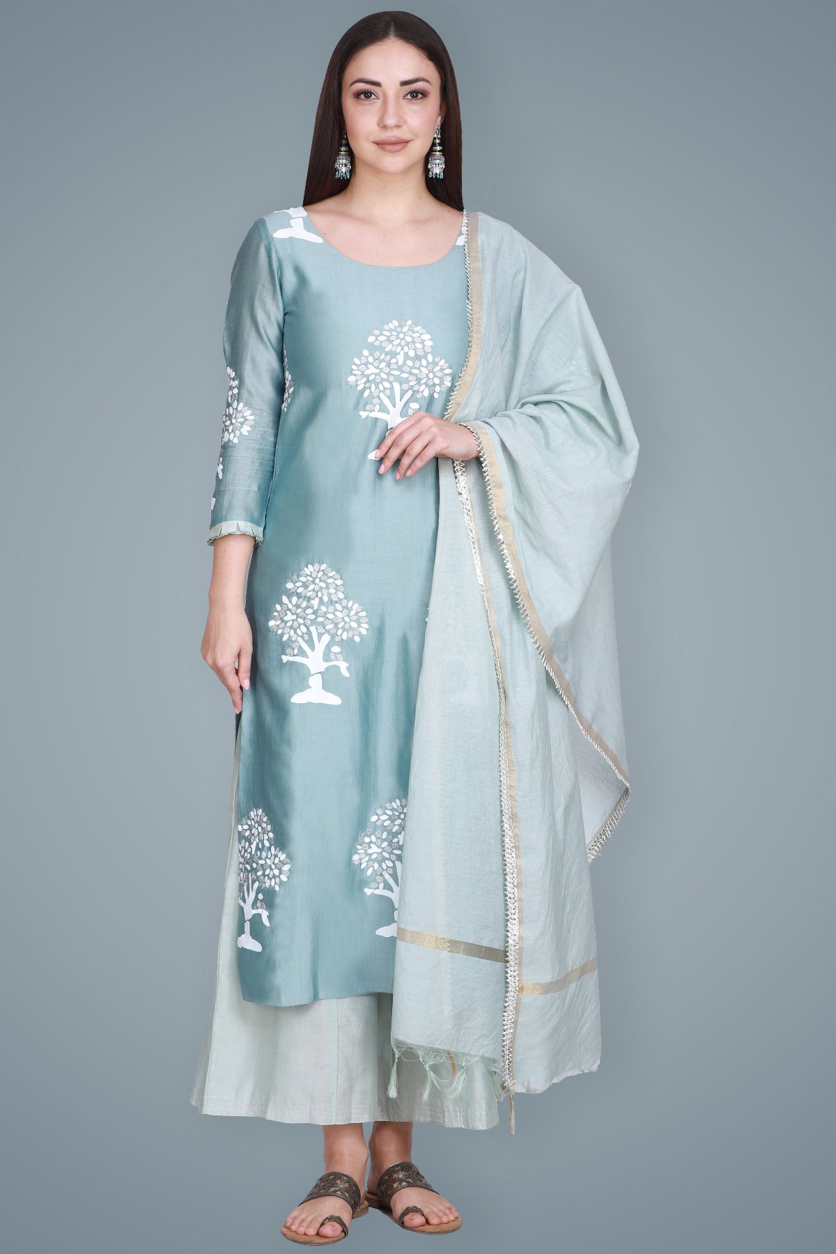 Powder Blue Silk Chanderi Block Printed & Embroidered Suit Set