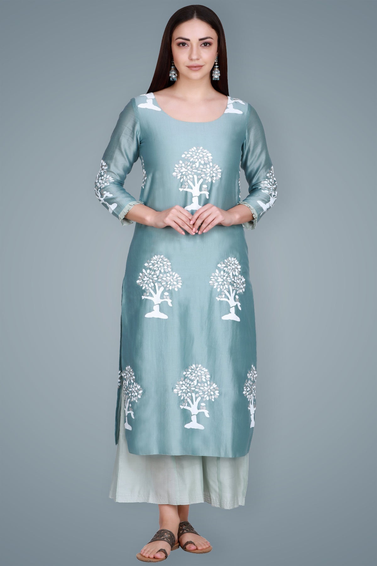 Powder Blue Silk Chanderi Block Printed & Embroidered Suit Set