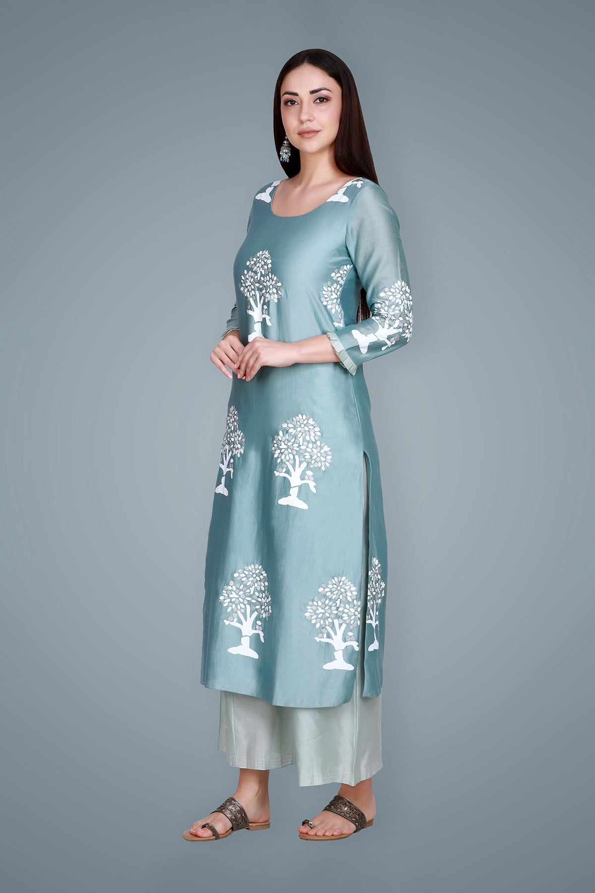 Powder Blue Silk Chanderi Block Printed & Embroidered Suit Set