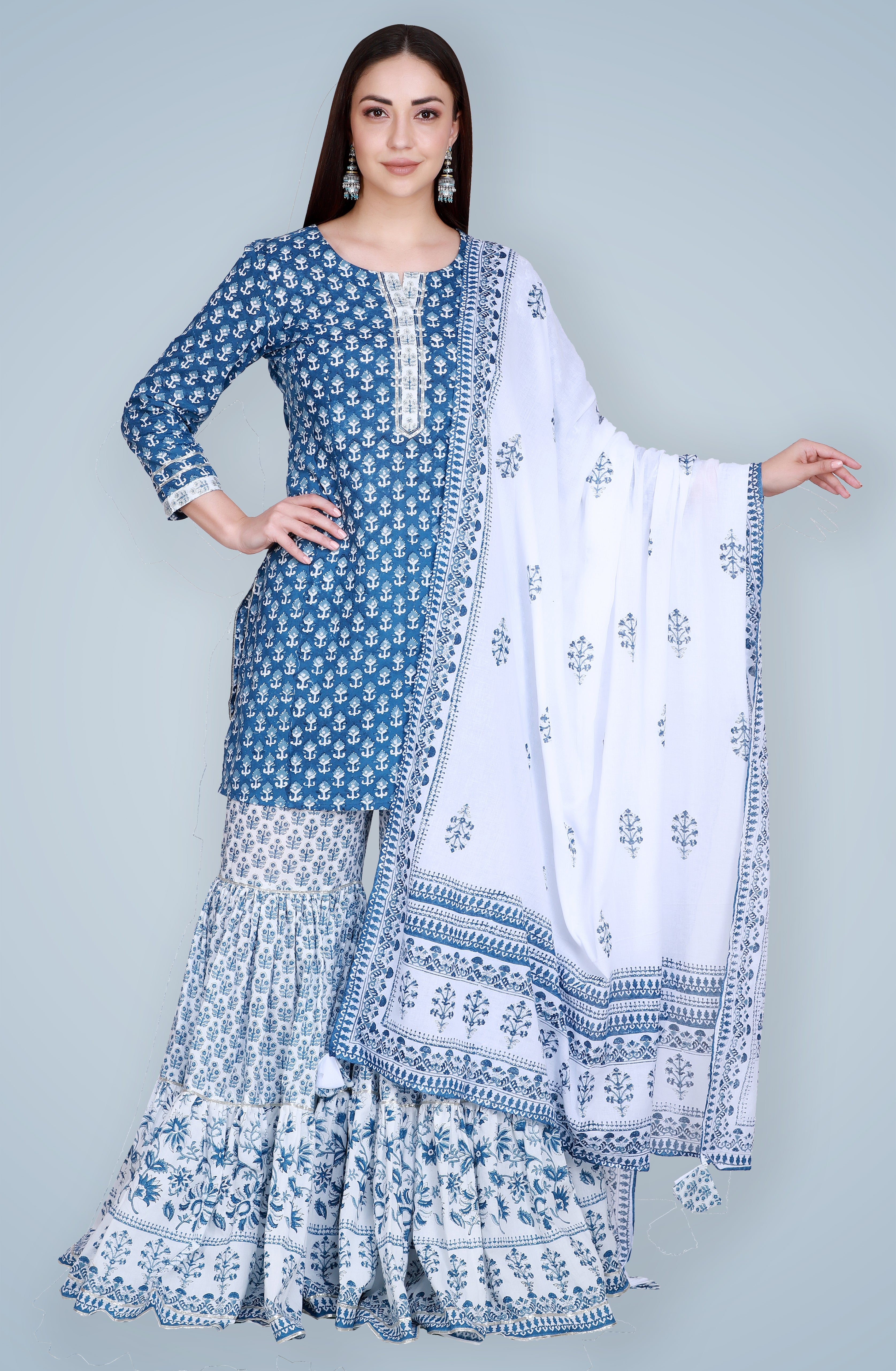 Indigo Hand Block Printed Sharara Set