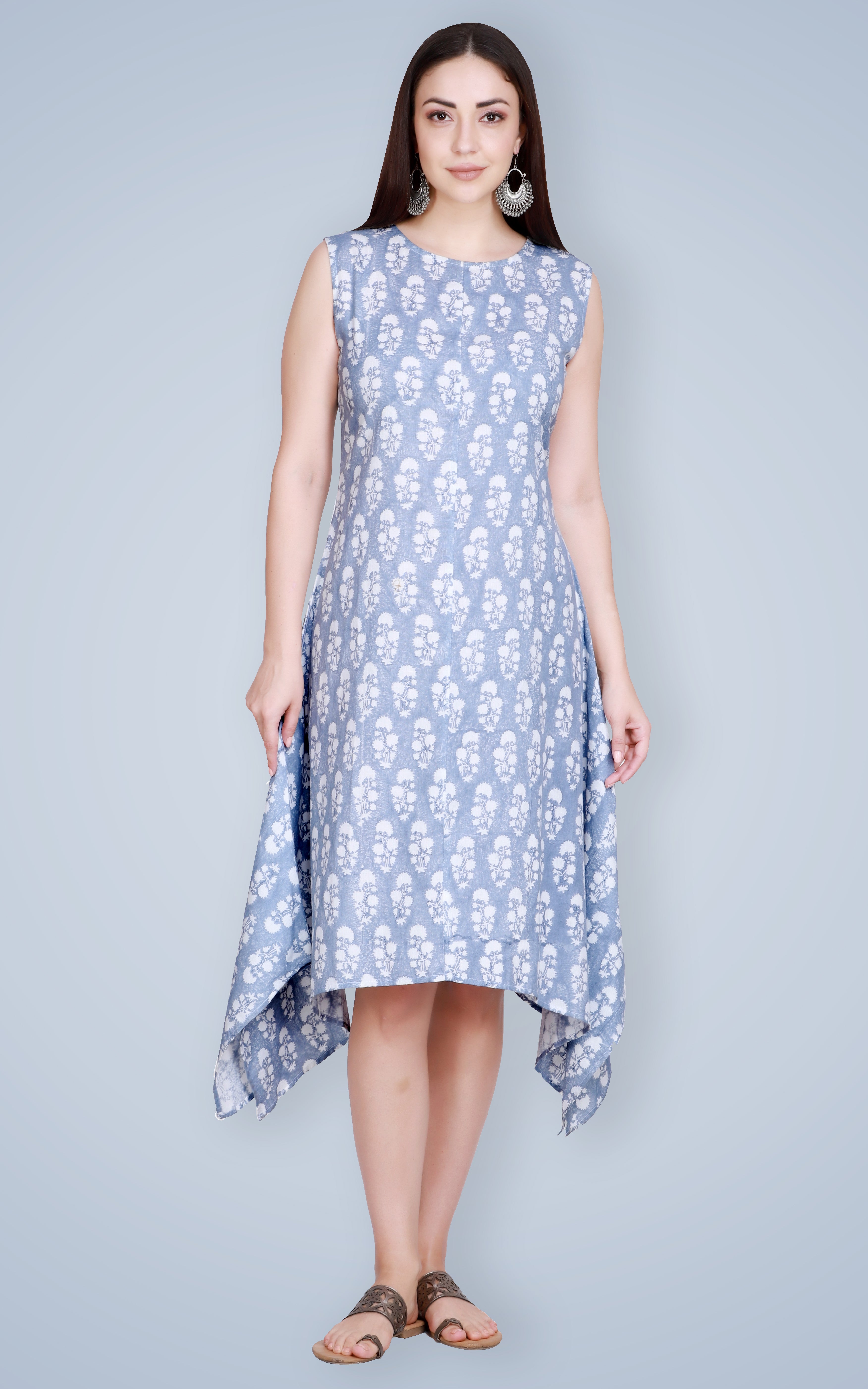 Blue Hand Block Printed Linen Kurta with Cape