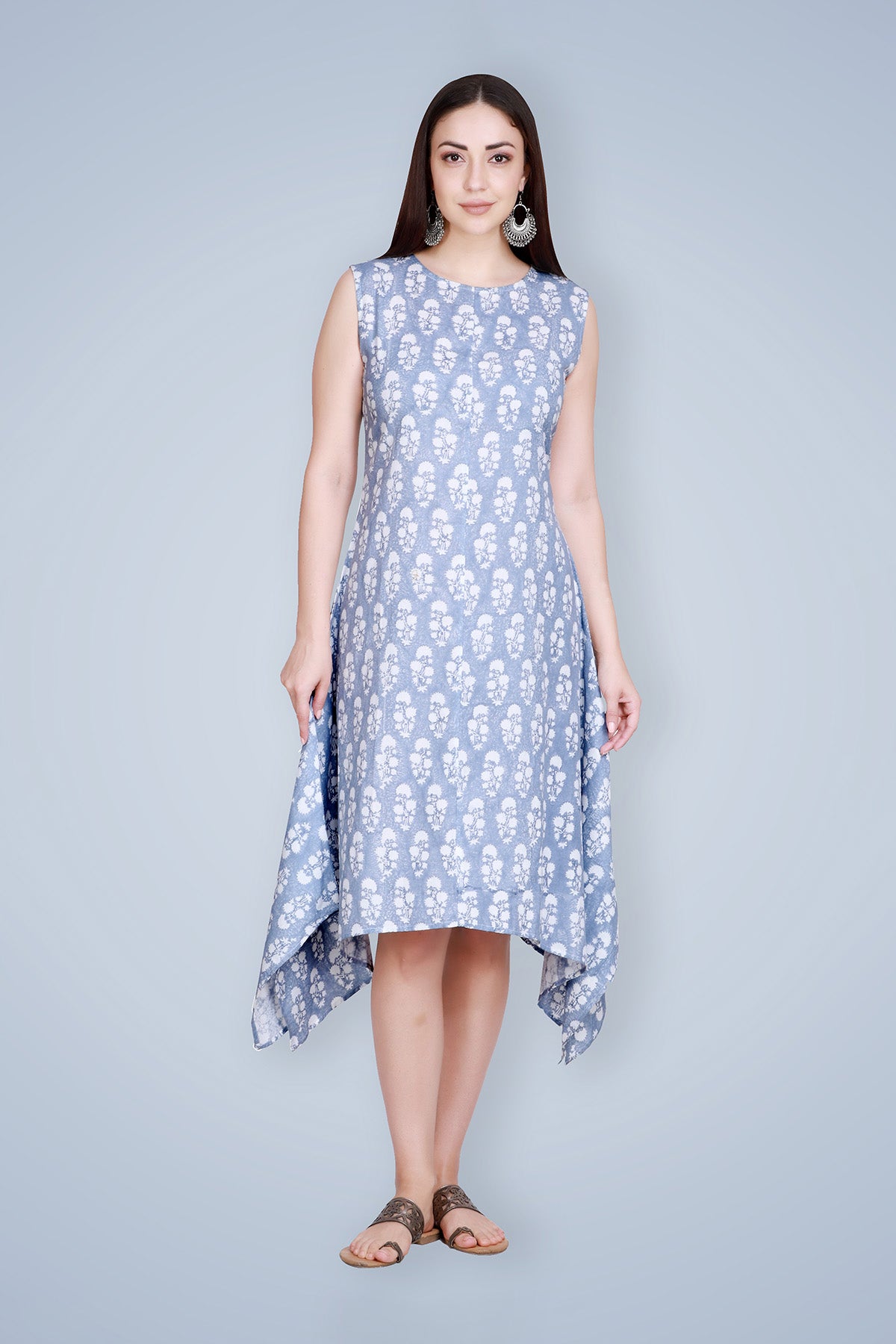 Blue Handblock Printed Linen Kurta