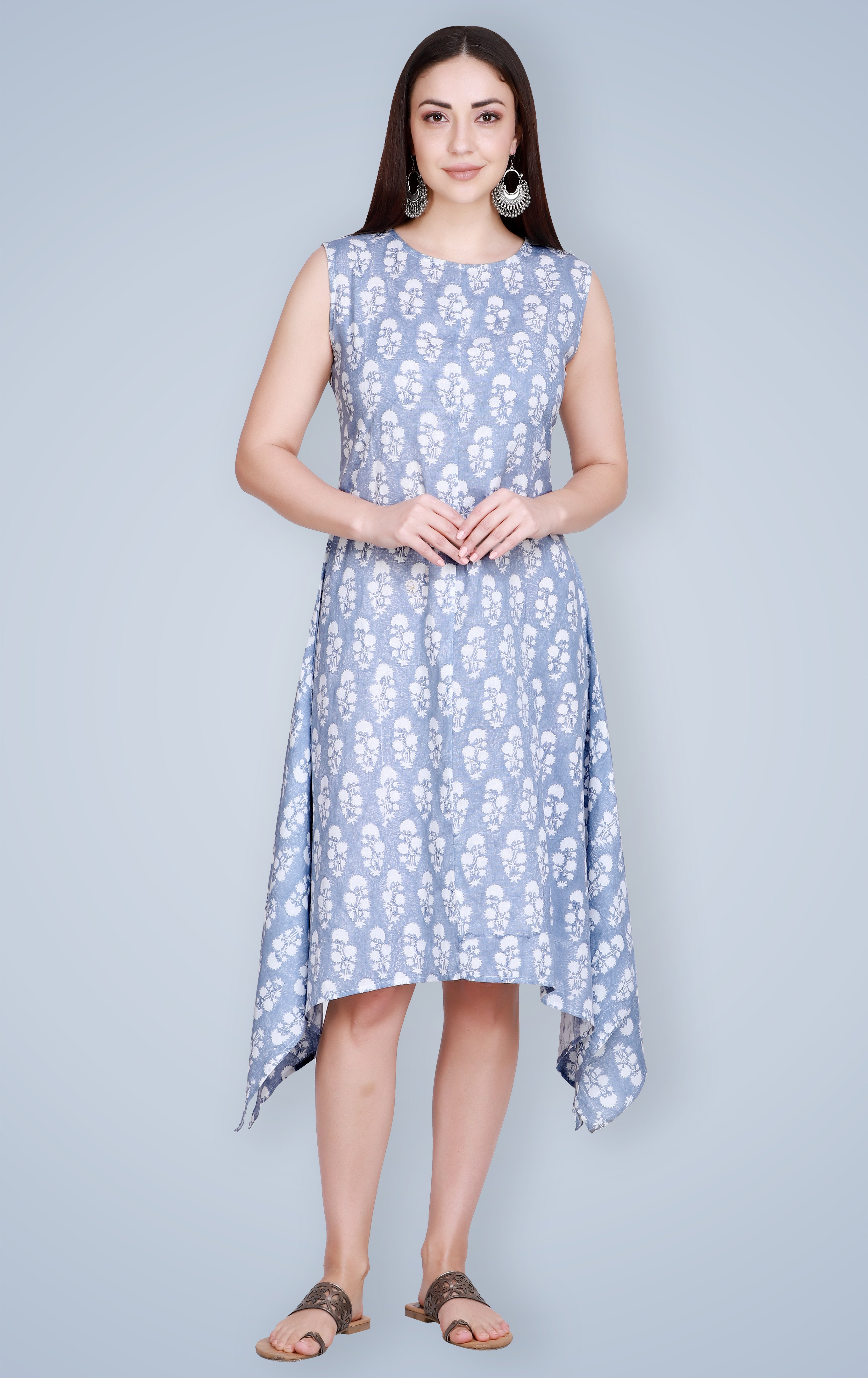 Blue Hand Block Printed Linen Kurta with Cape