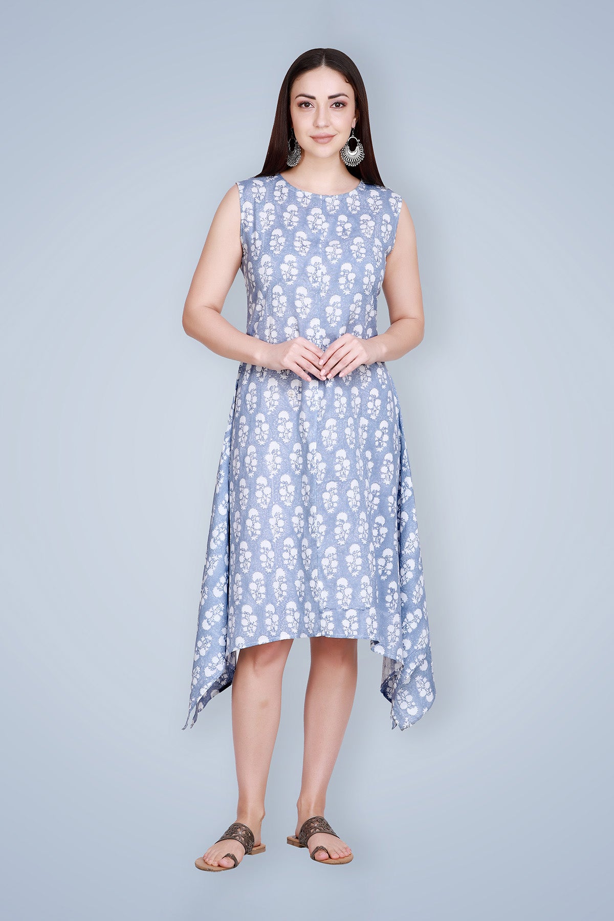 Blue Handblock Printed Linen Kurta