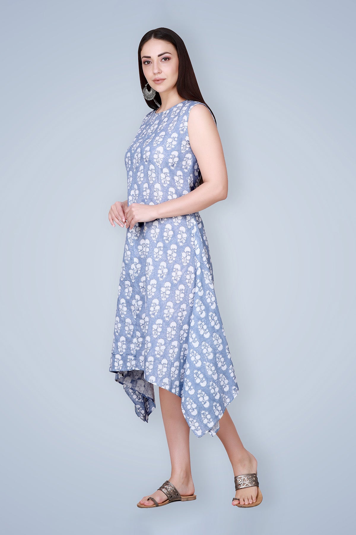 Blue Handblock Printed Linen Kurta
