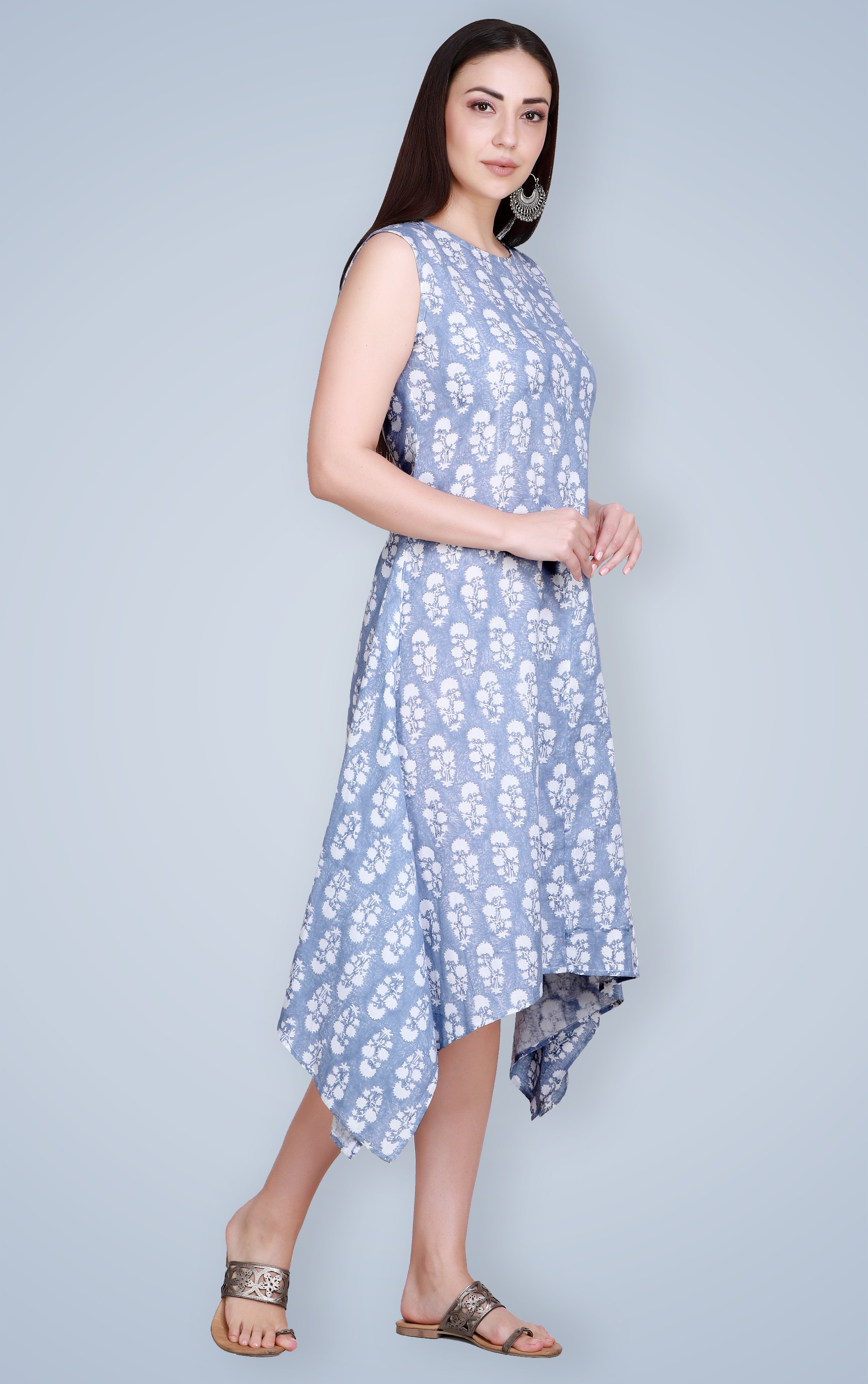 Blue Hand Block Printed Linen Kurta with Cape