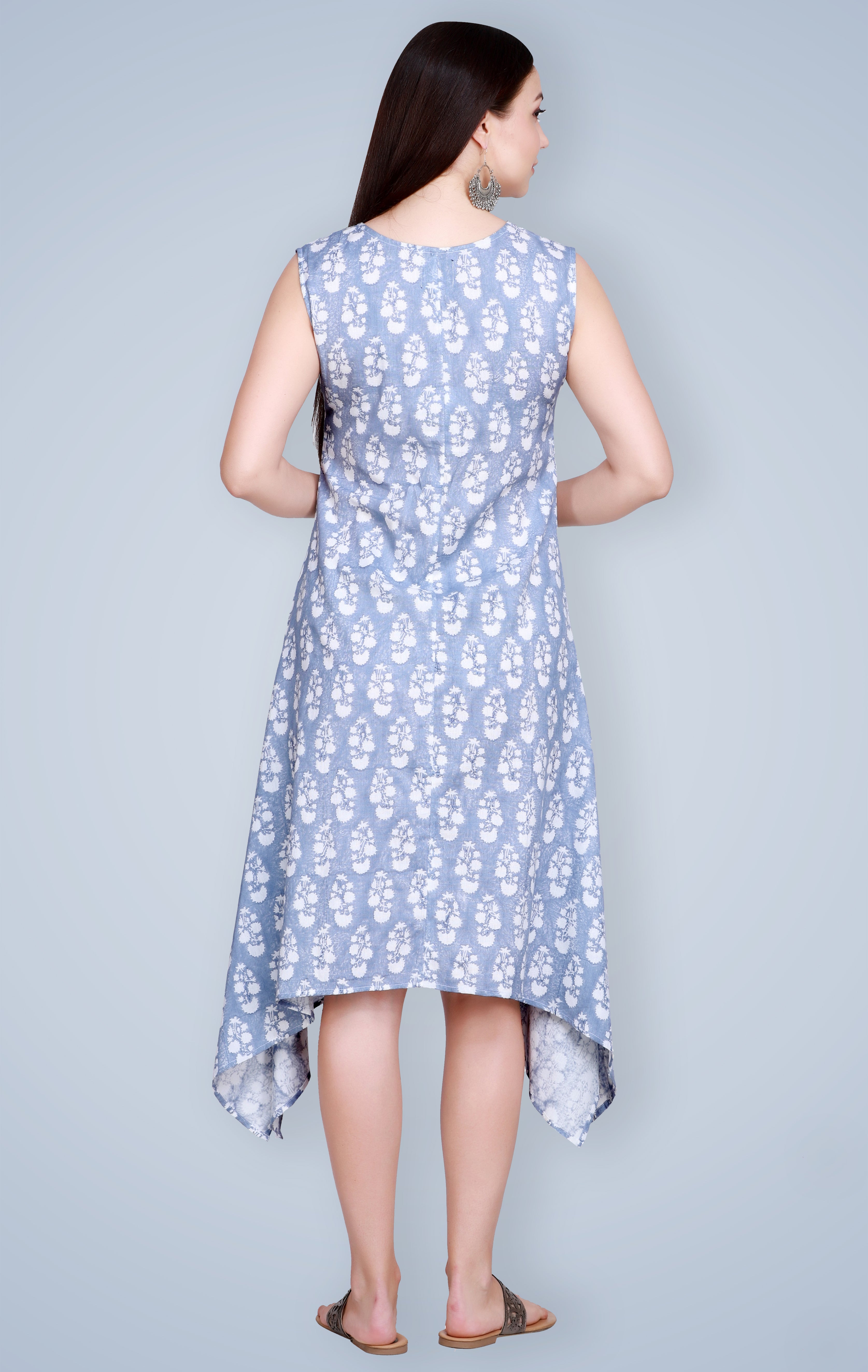 Blue Hand Block Printed Linen Kurta with Cape