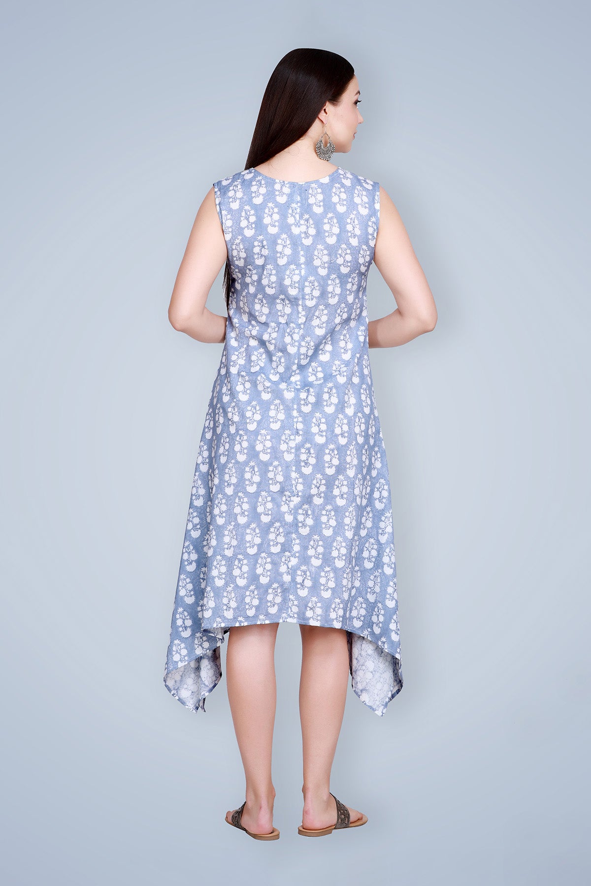 Blue Handblock Printed Linen Kurta