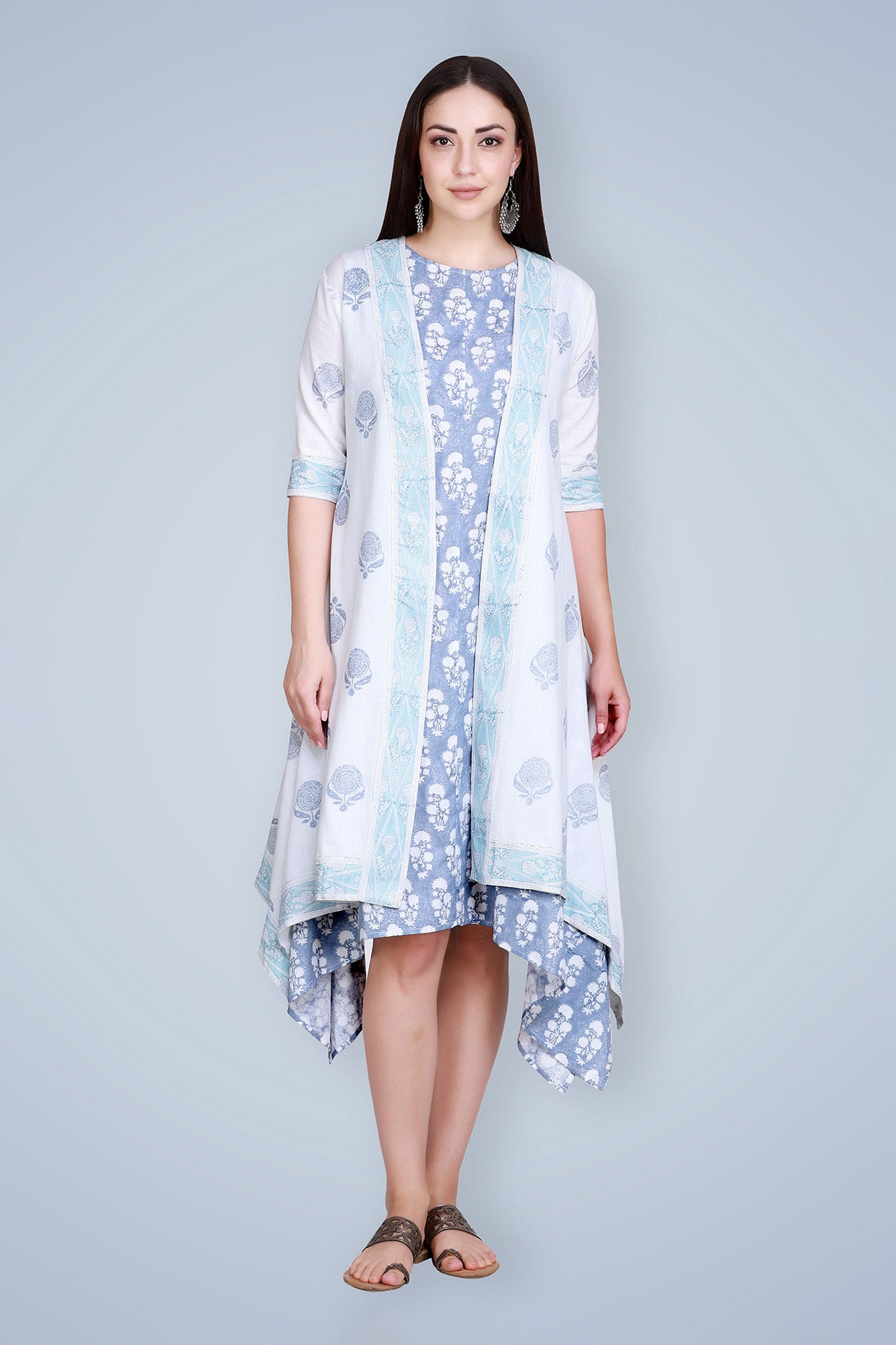 Blue Hand Block Printed Linen Kurta with Cape