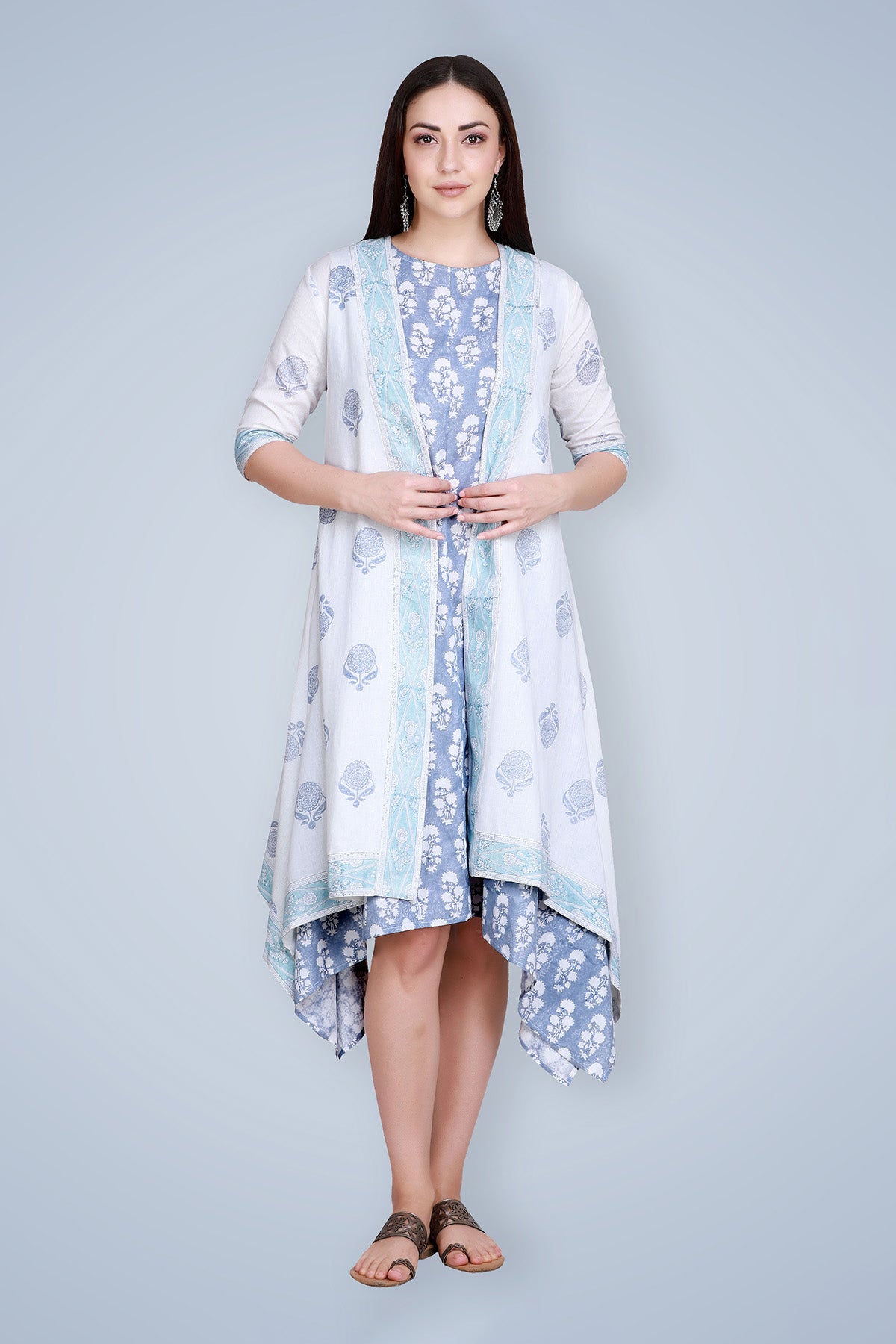 Blue Hand Block Printed Linen Kurta with Cape