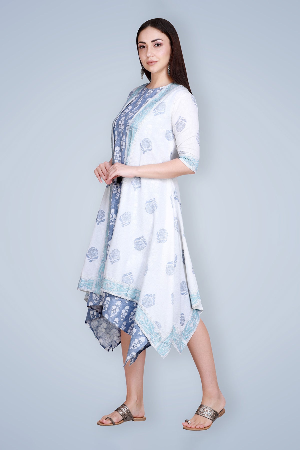 Blue Hand Block Printed Linen Kurta with Cape