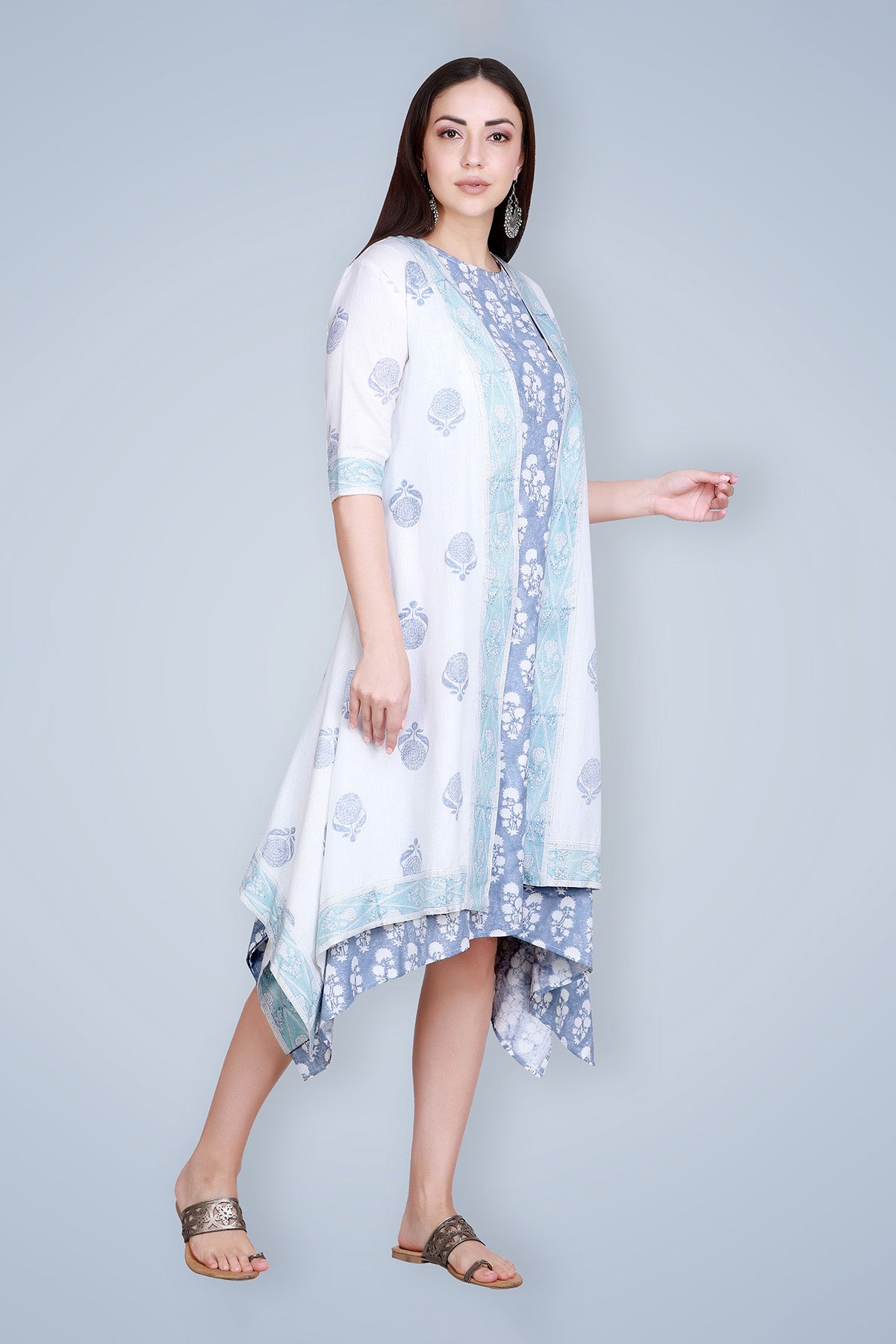 Blue Hand Block Printed Linen Kurta with Cape