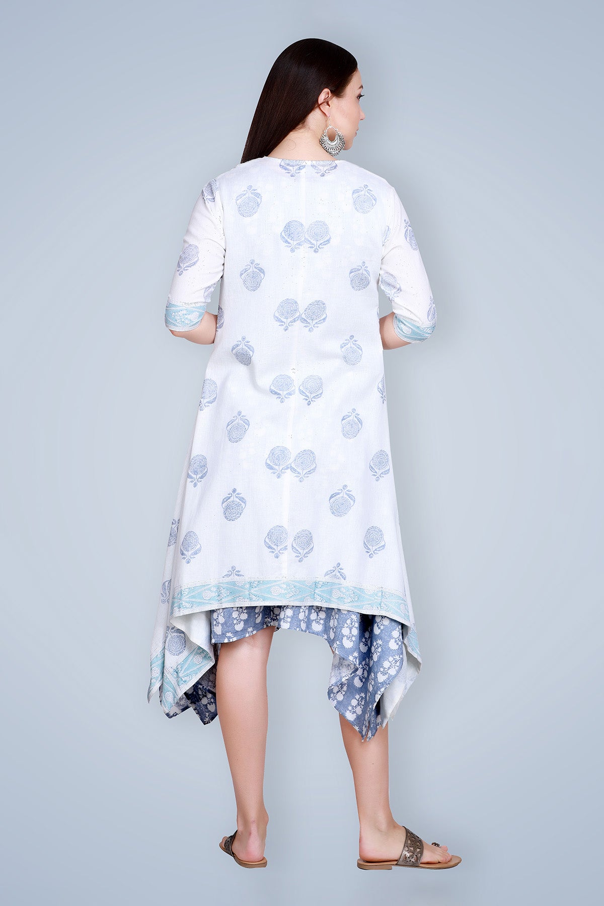 Blue Hand Block Printed Linen Kurta with Cape