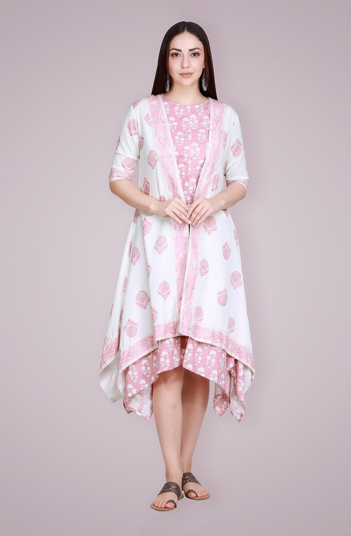 Coral Blush Hand Block Printed Linen Kurta with Cape