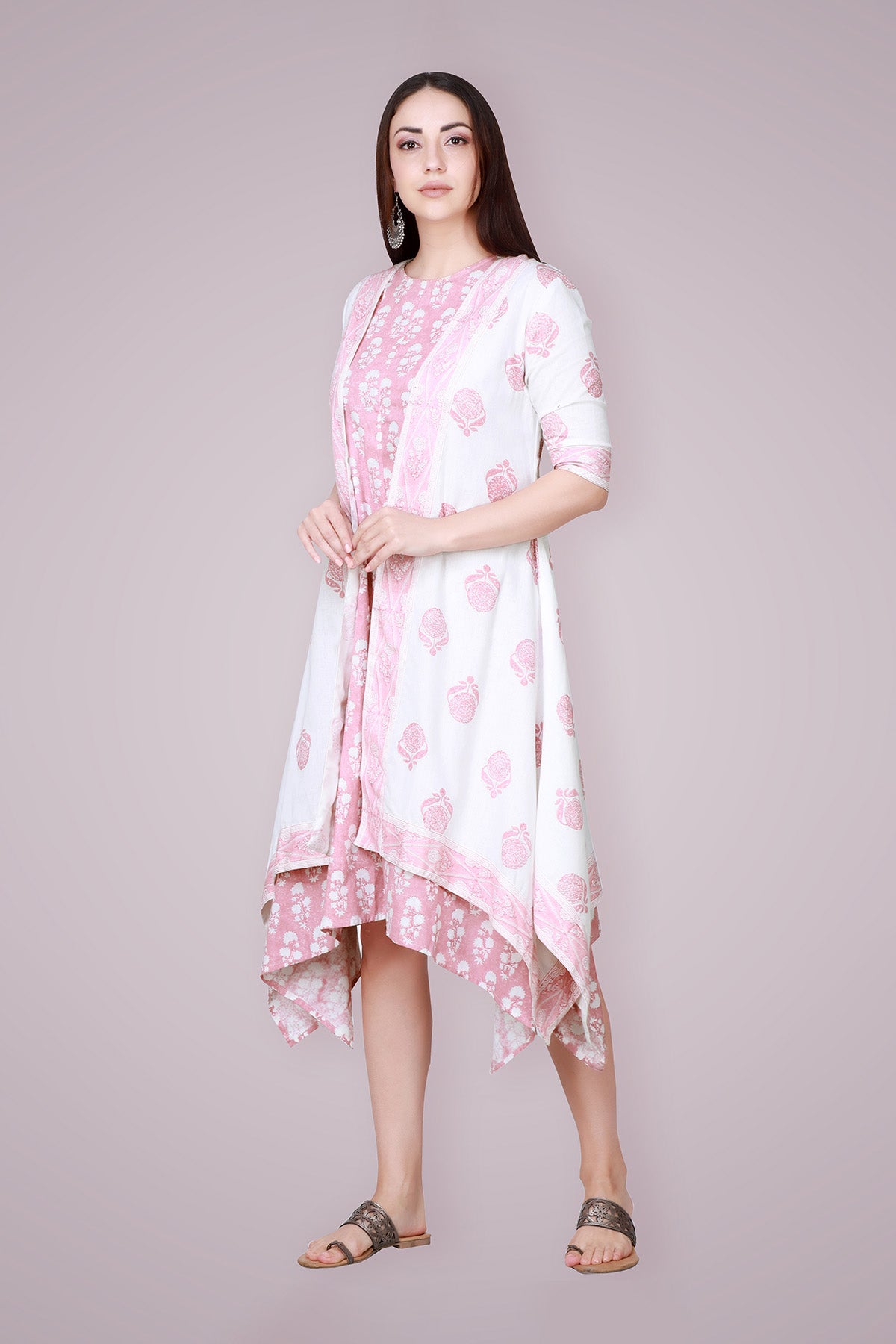 Coral Blush Hand Block Printed Linen Kurta with Cape