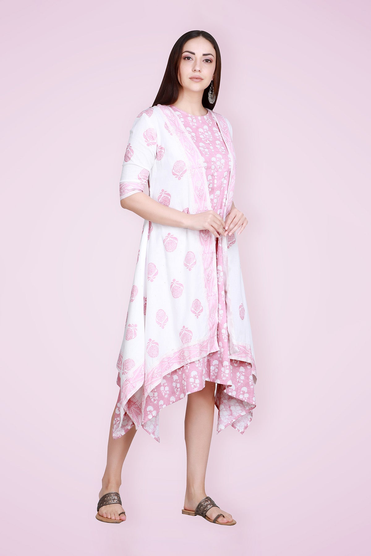 Coral Blush Hand Block Printed Linen Kurta with Cape