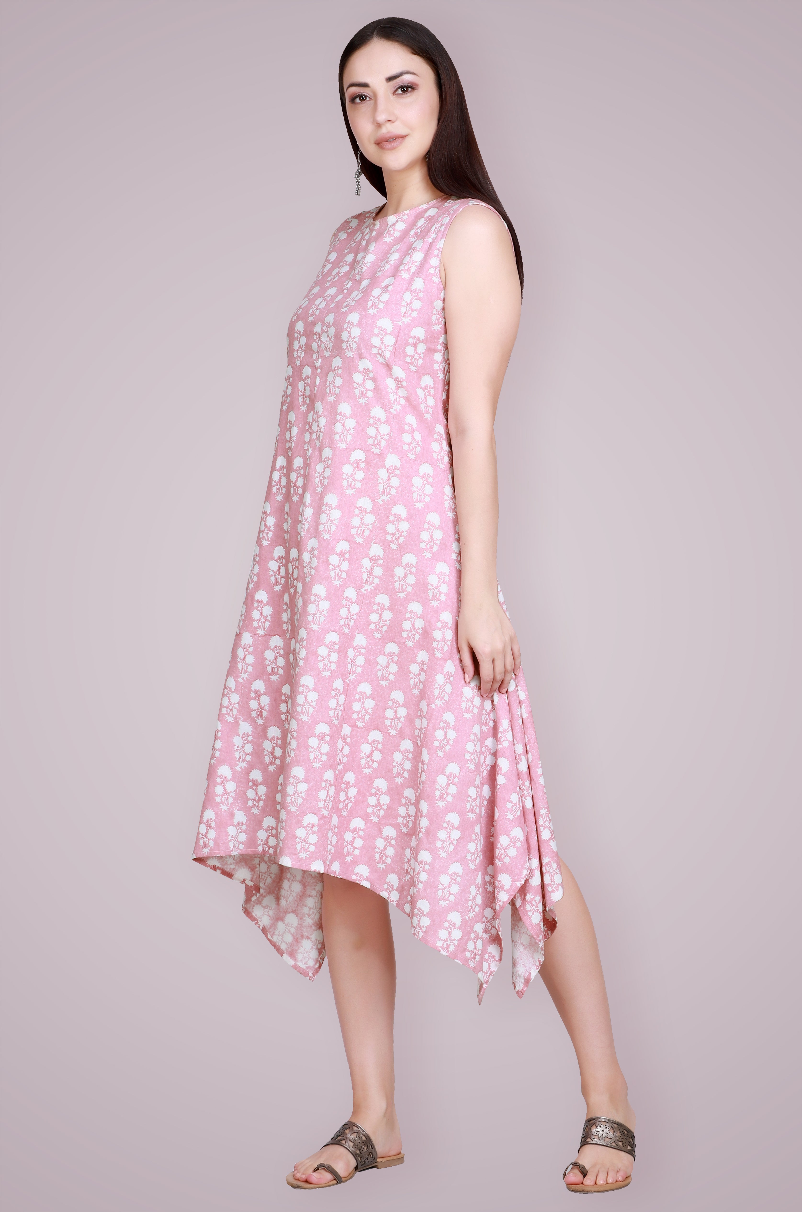 Coral Blush Hand Block Printed Linen Kurta with Cape