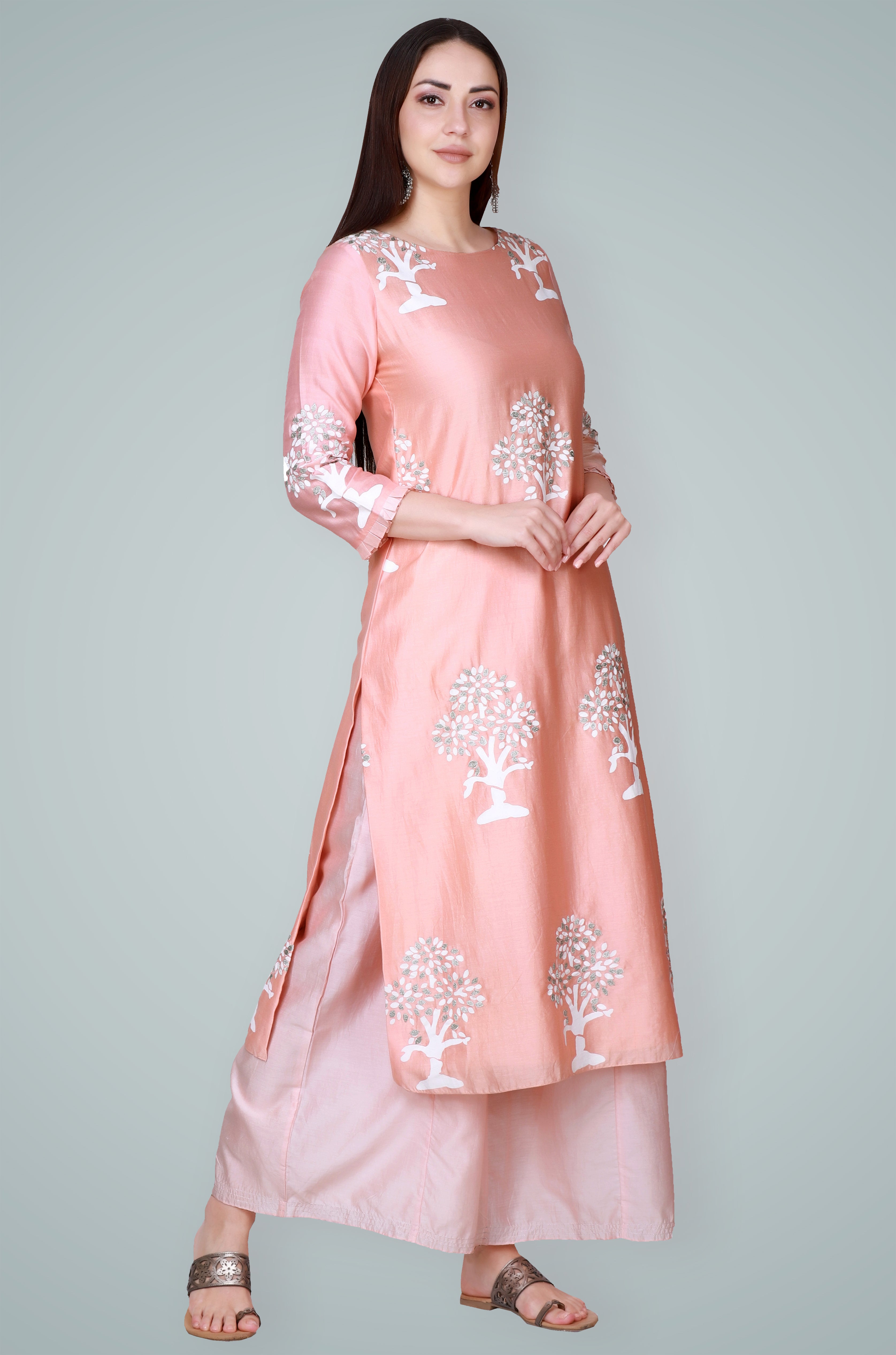 Peach Silk Chanderi Block Printed & Embroidered Suit Set