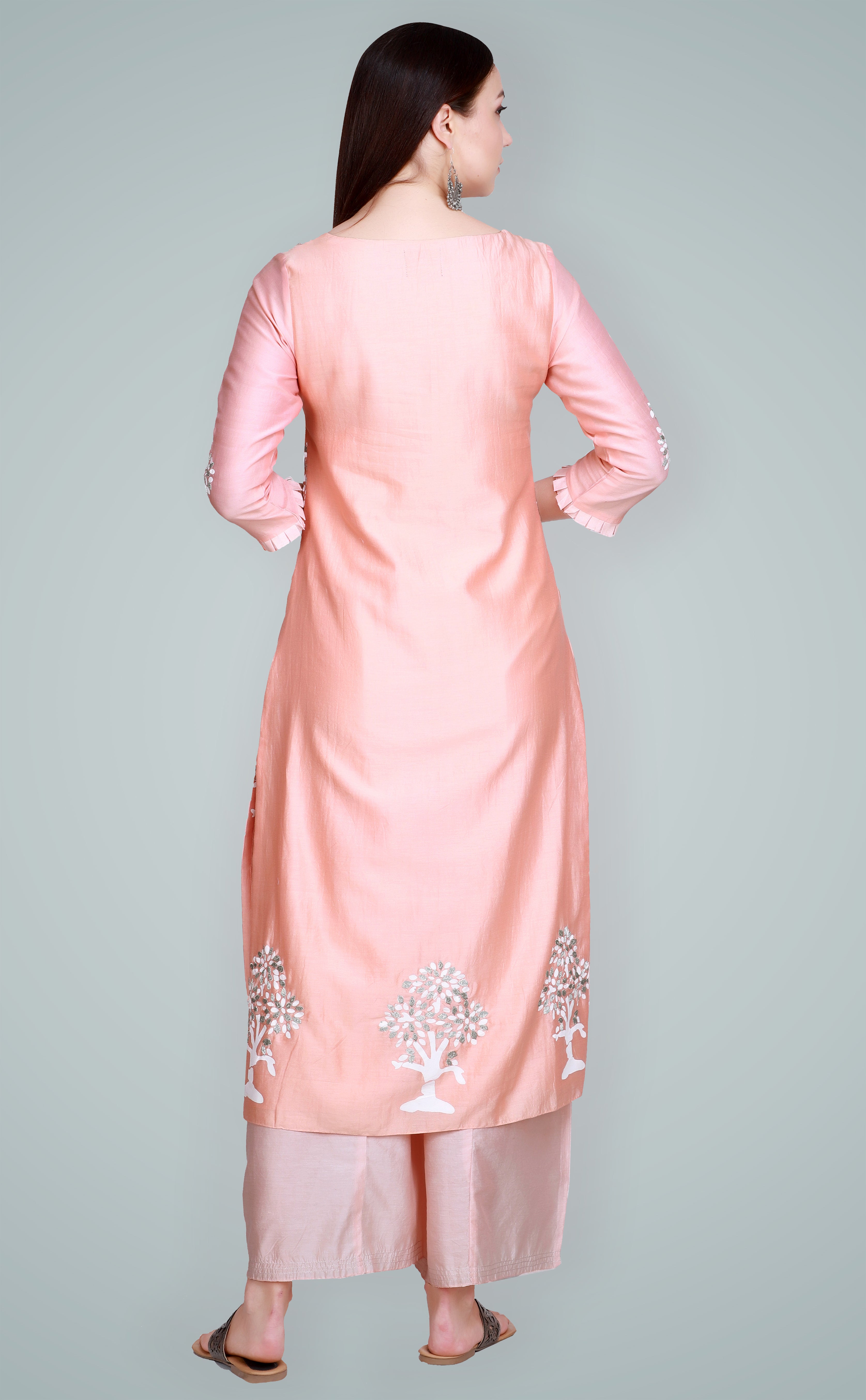 Peach Silk Chanderi Block Printed & Embroidered Suit Set