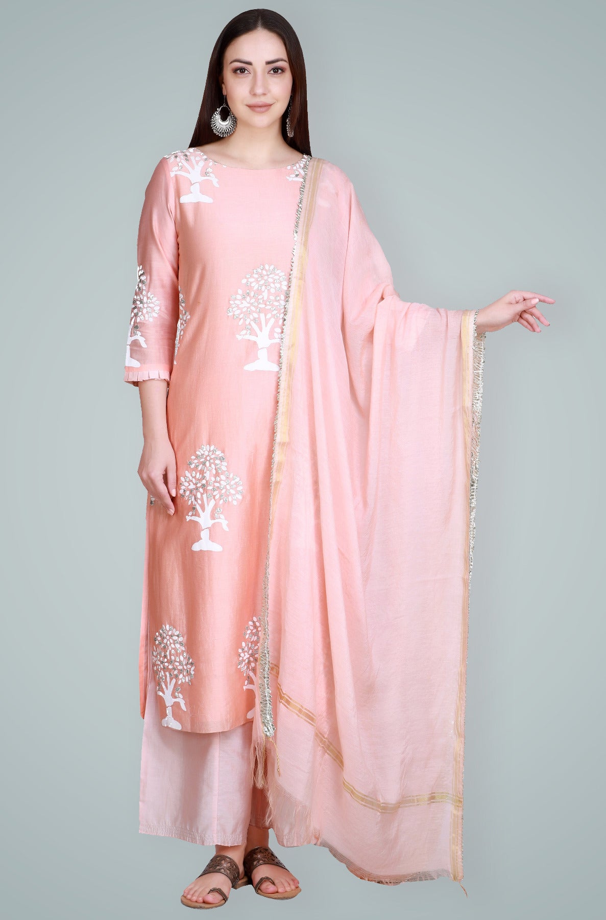Peach Silk Chanderi Block Printed & Embroidered Suit Set