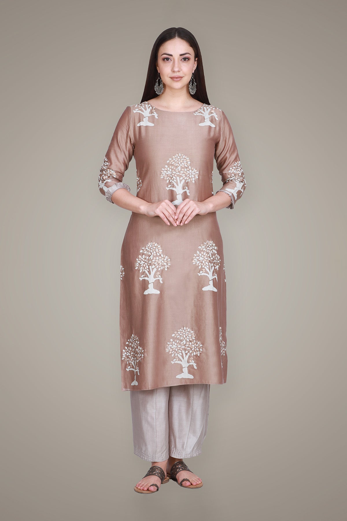 Beige Brown Silk Chanderi Block Printed & Embroidered Suit Set