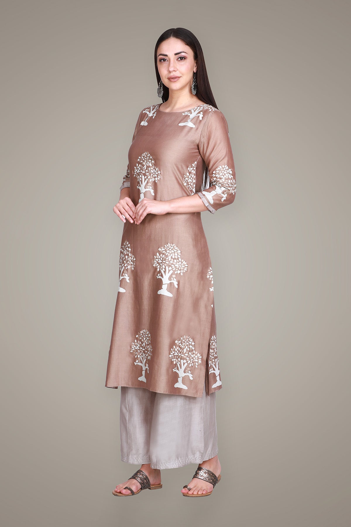 Beige Brown Silk Chanderi Block Printed & Embroidered Suit Set