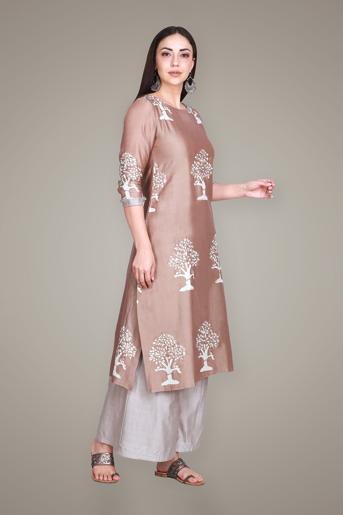 Beige Brown Silk Chanderi Block Printed & Embroidered Suit Set