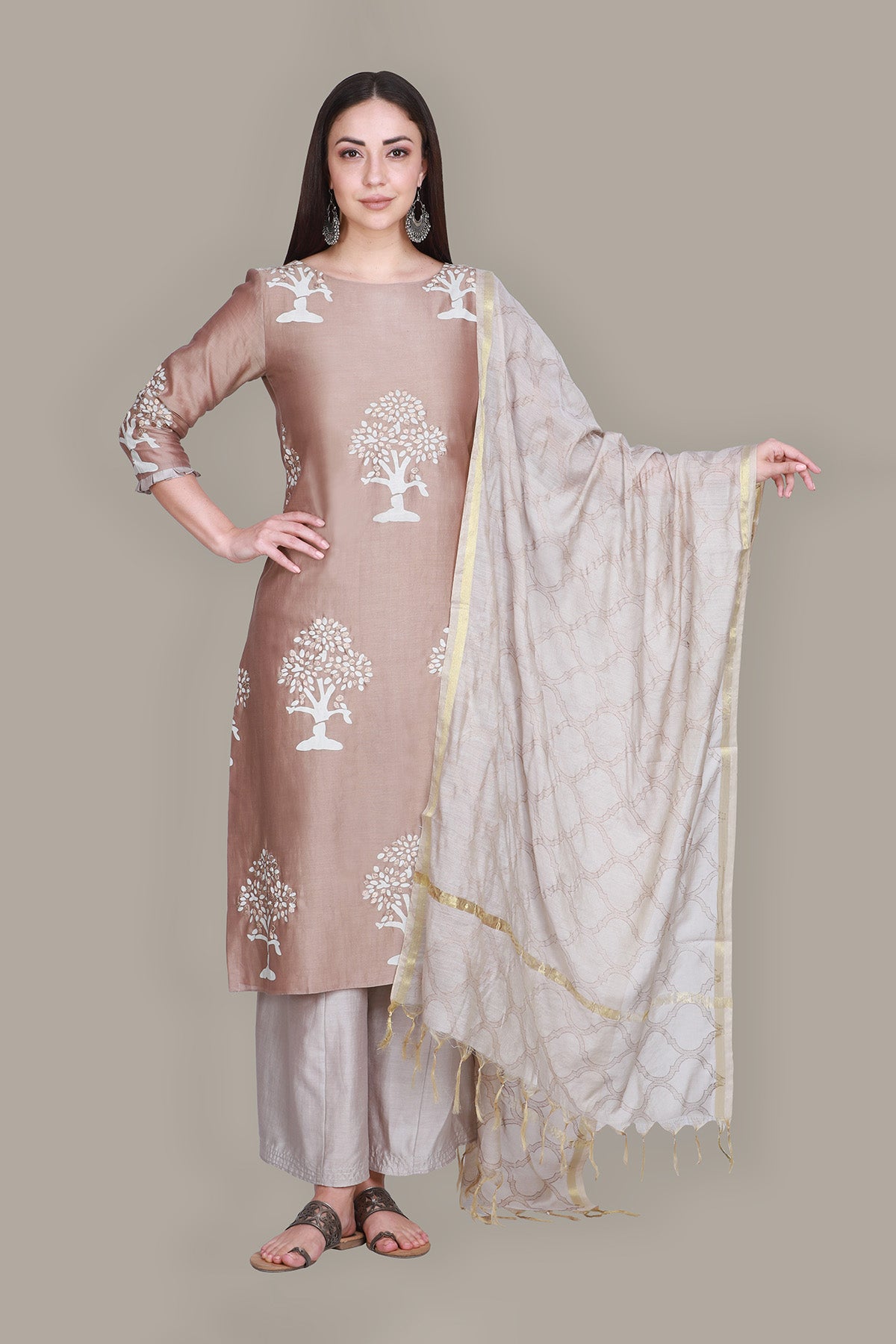Beige Brown Silk Chanderi Block Printed & Embroidered Suit Set