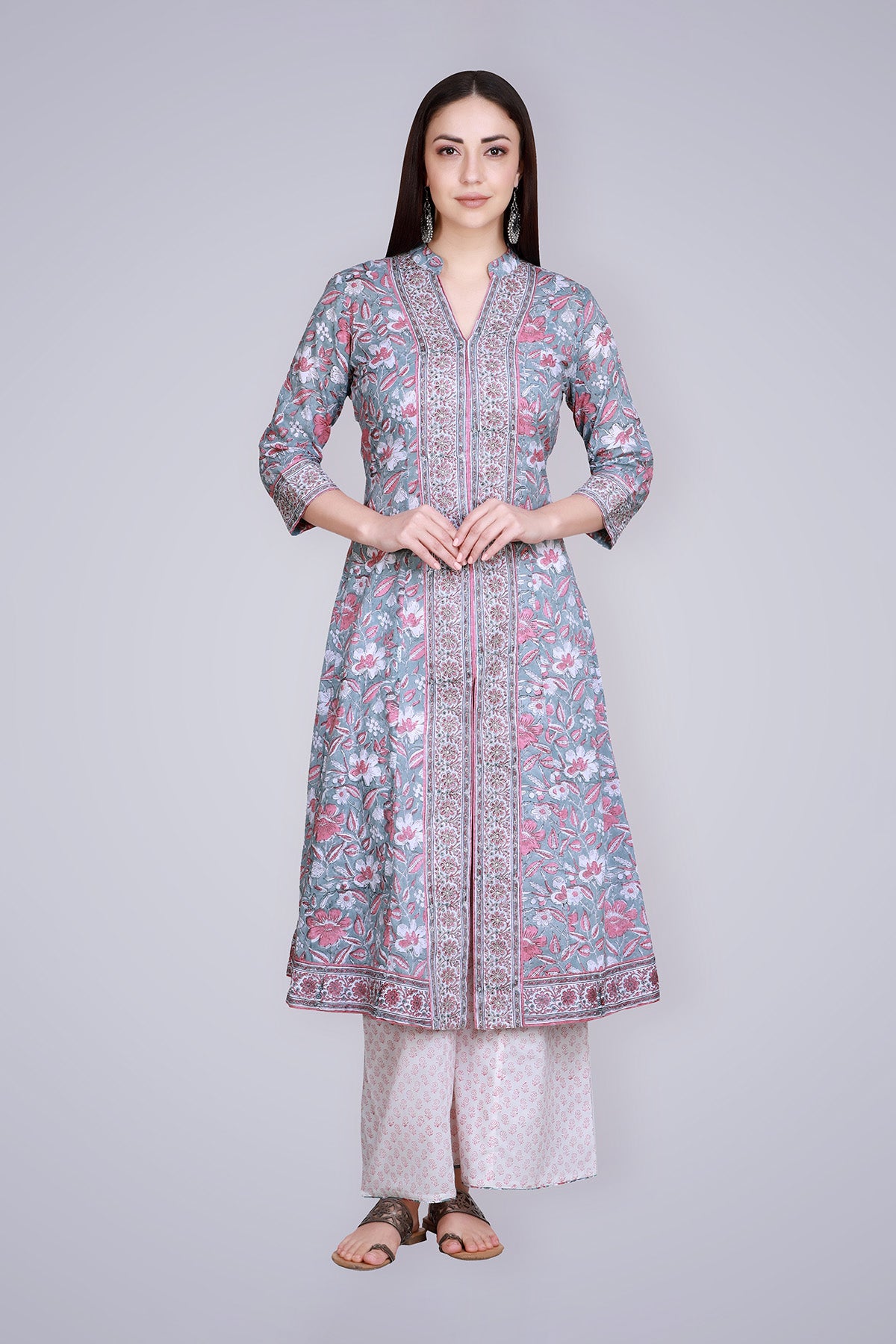 Grey Pink Block Printed and Hand Embroidered Suit Set