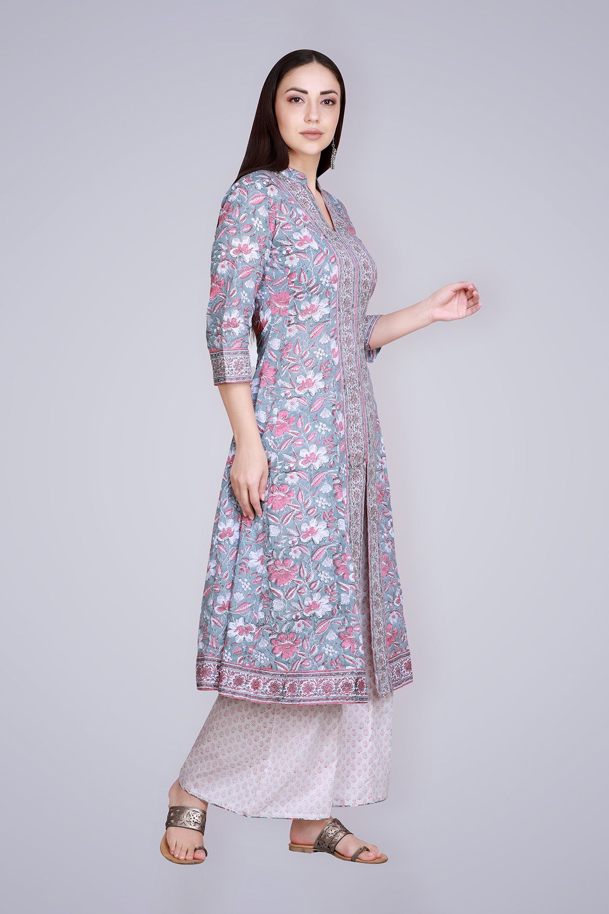 Grey Pink Block Printed and Hand Embroidered Suit Set