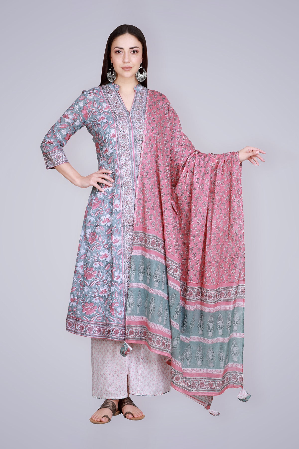 Grey Pink Block Printed and Hand Embroidered Suit Set